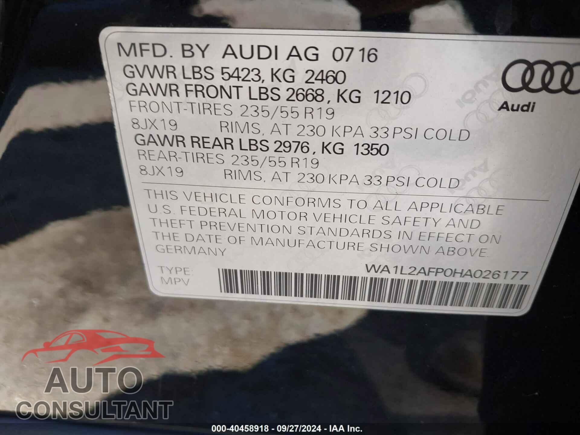 AUDI Q5 2017 - WA1L2AFP0HA026177