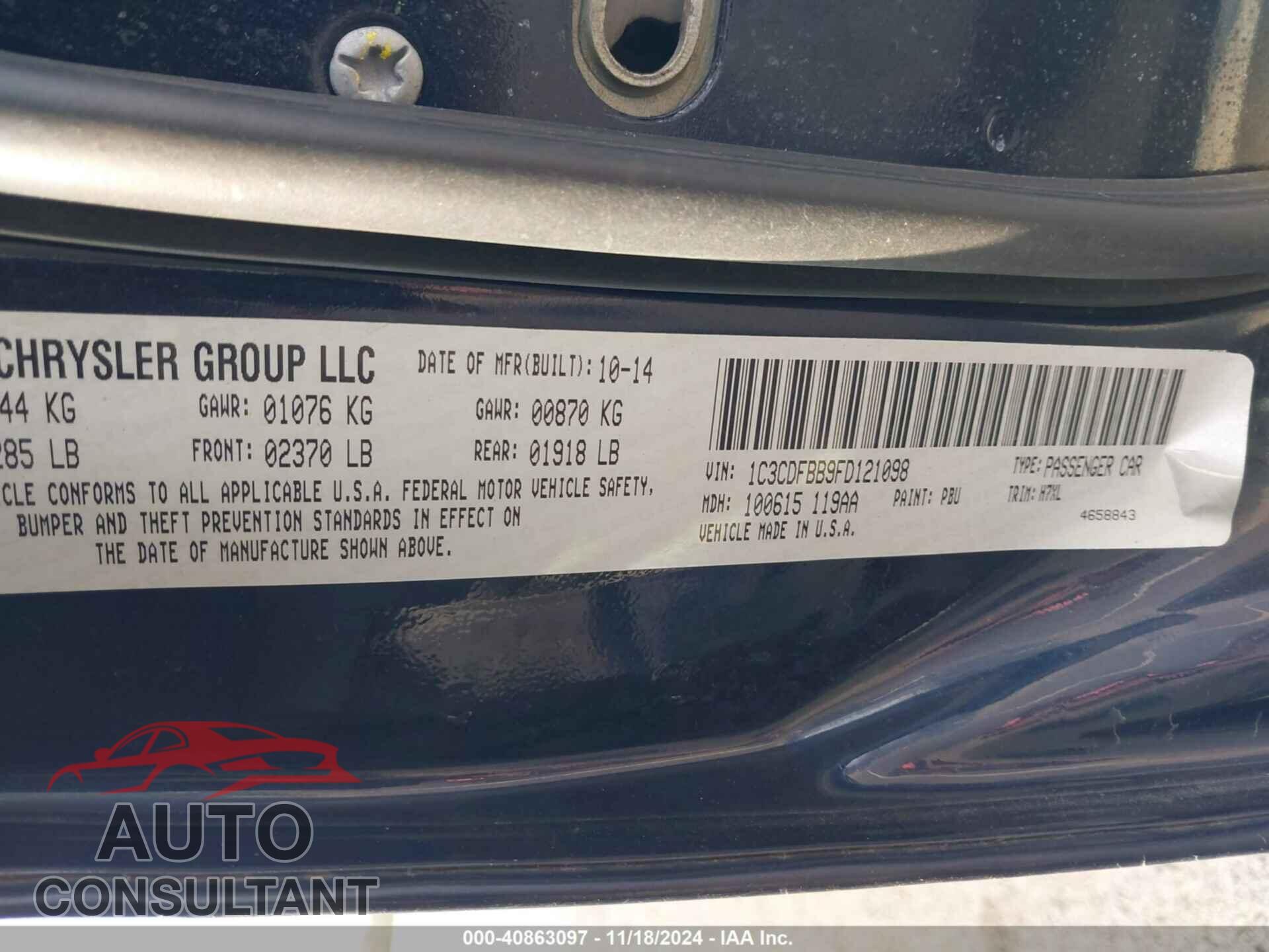 DODGE DART 2015 - 1C3CDFBB9FD121098