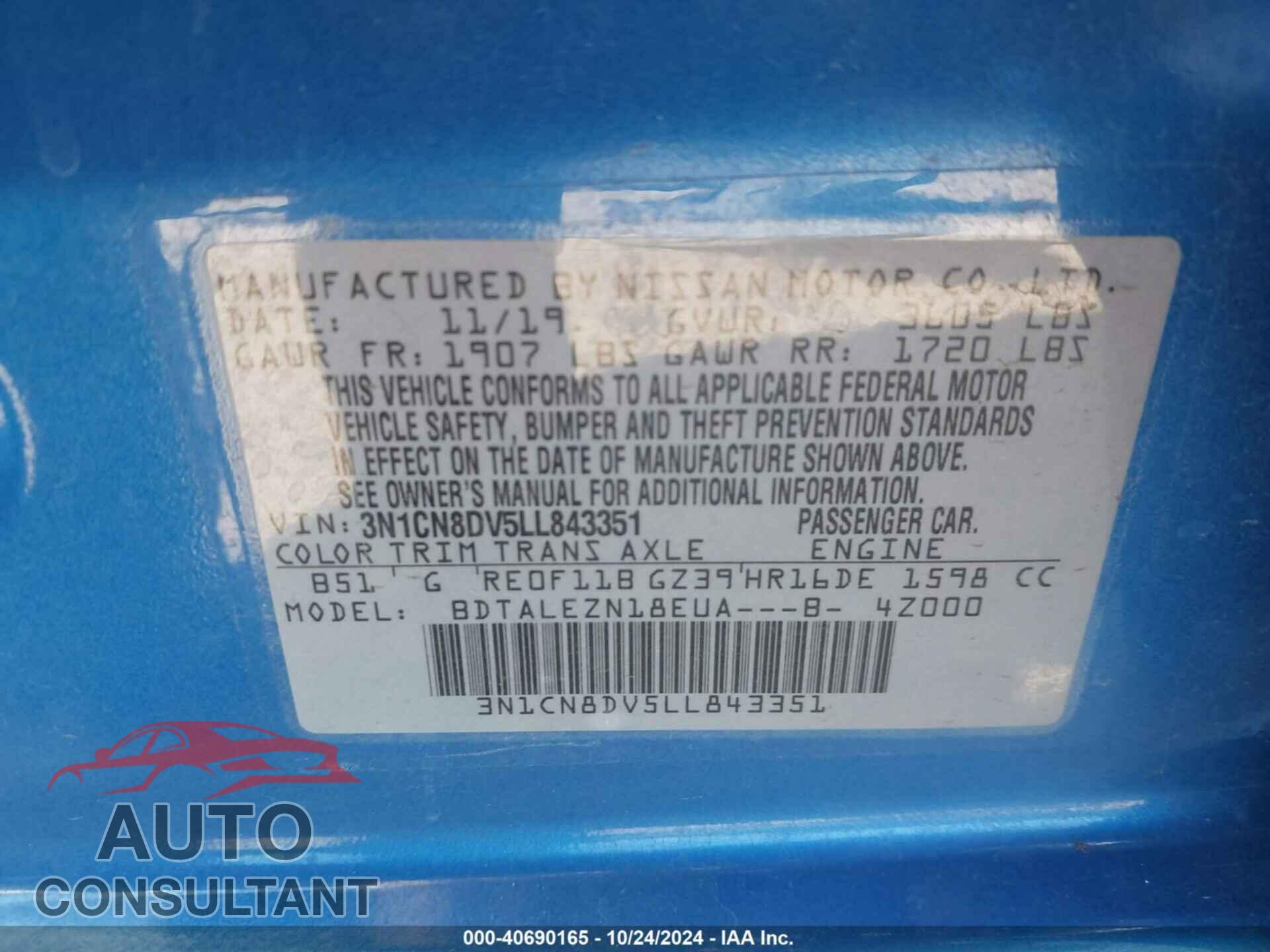 NISSAN VERSA 2020 - 3N1CN8DV5LL843351