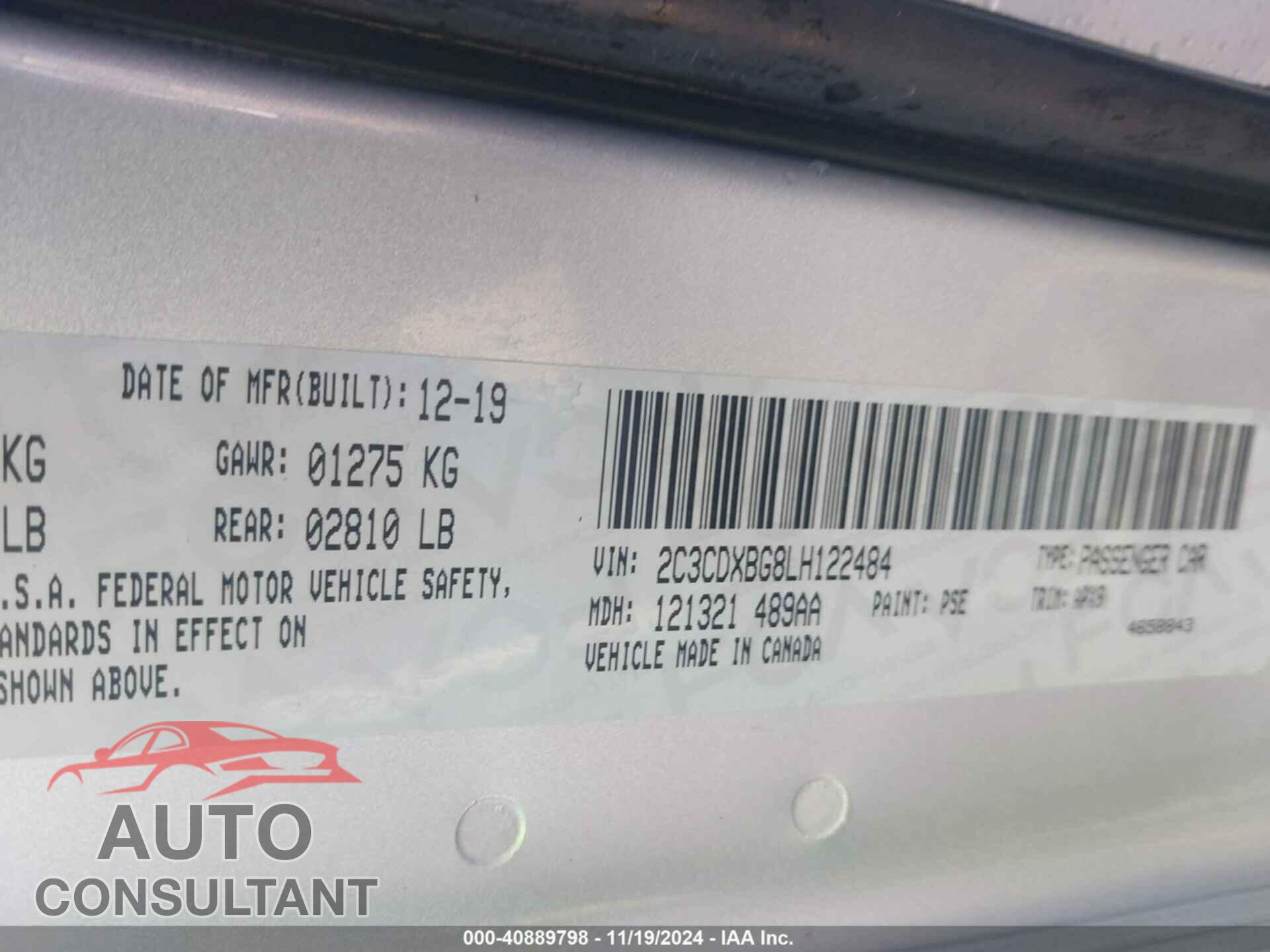 DODGE CHARGER 2020 - 2C3CDXBG8LH122484