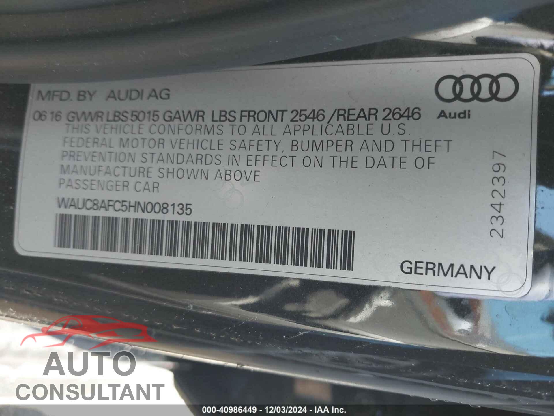 AUDI A6 2017 - WAUC8AFC5HN008135