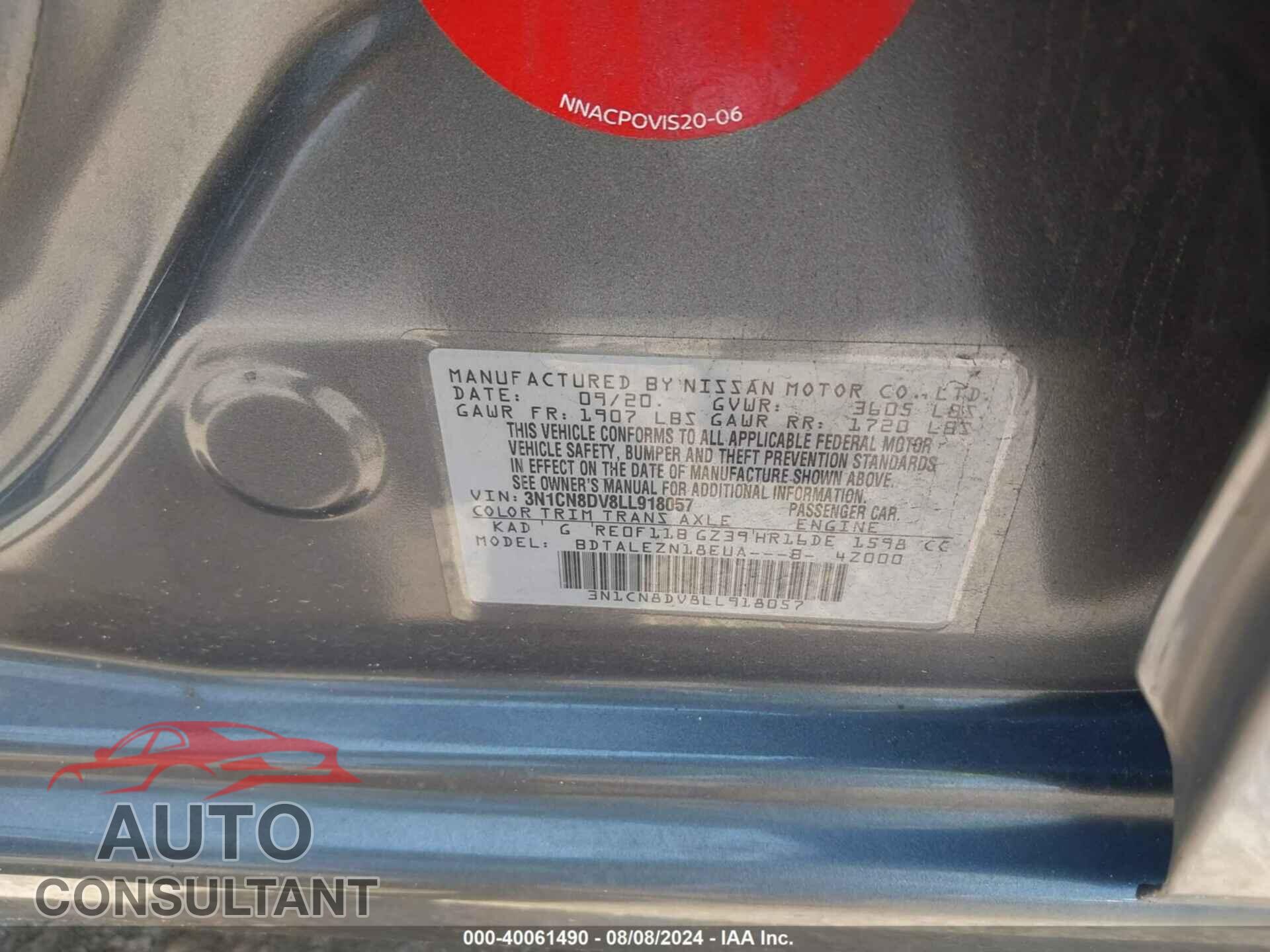 NISSAN VERSA 2020 - 3N1CN8DV8LL918057