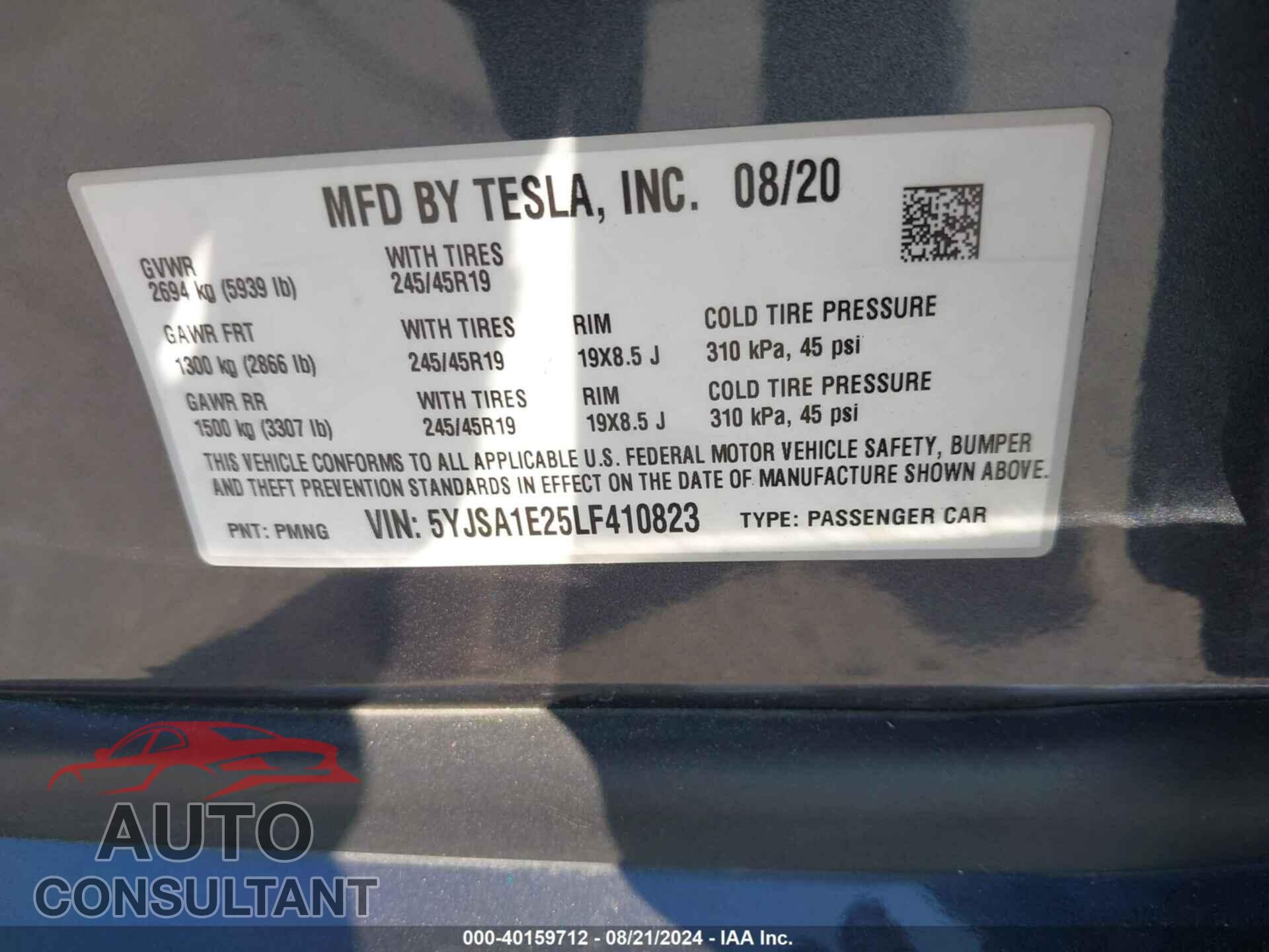 TESLA MODEL S 2020 - 5YJSA1E25LF410823