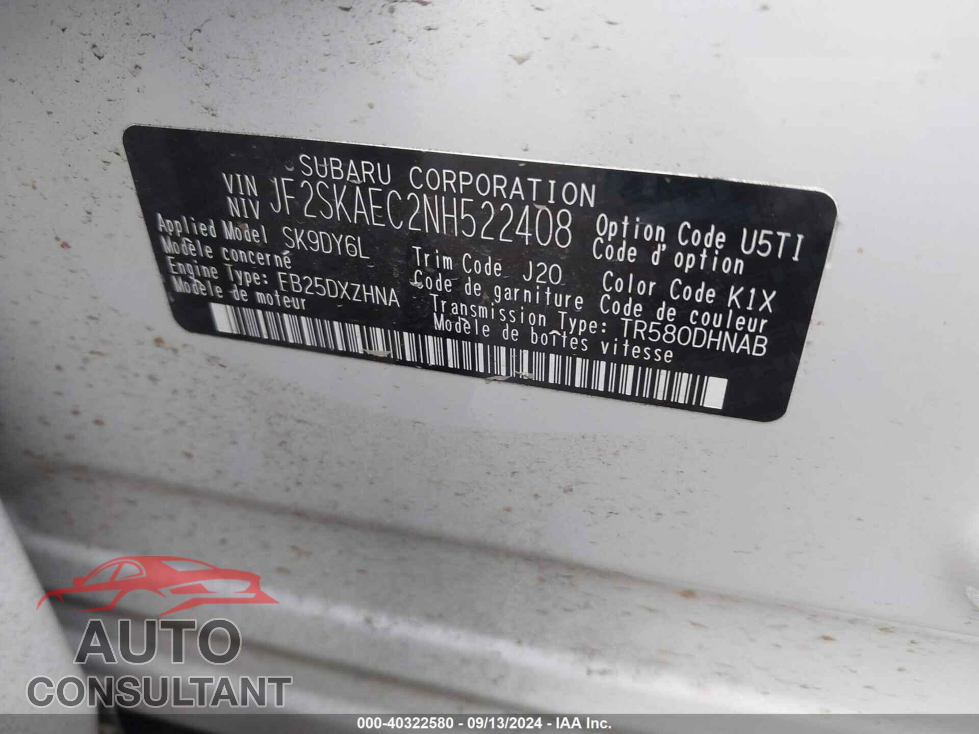 SUBARU FORESTER 2022 - JF2SKAEC2NH522408