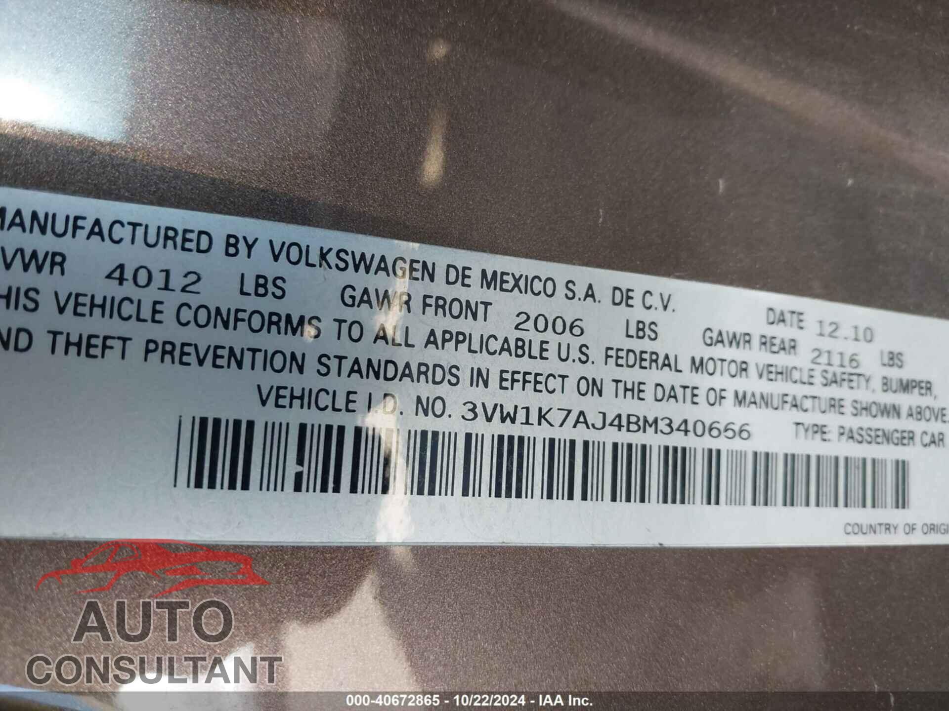 VOLKSWAGEN JETTA 2011 - 3VW1K7AJ4BM340666