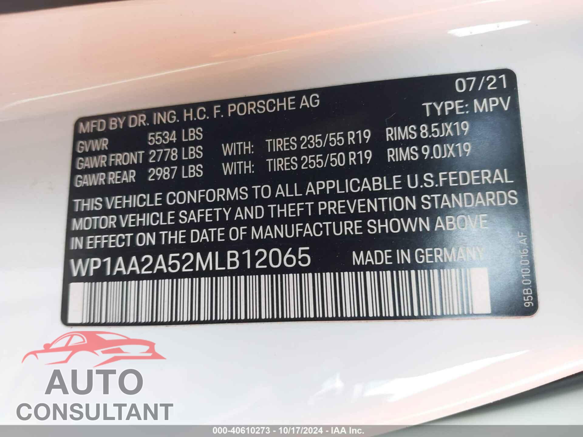 PORSCHE MACAN 2021 - WP1AA2A52MLB12065
