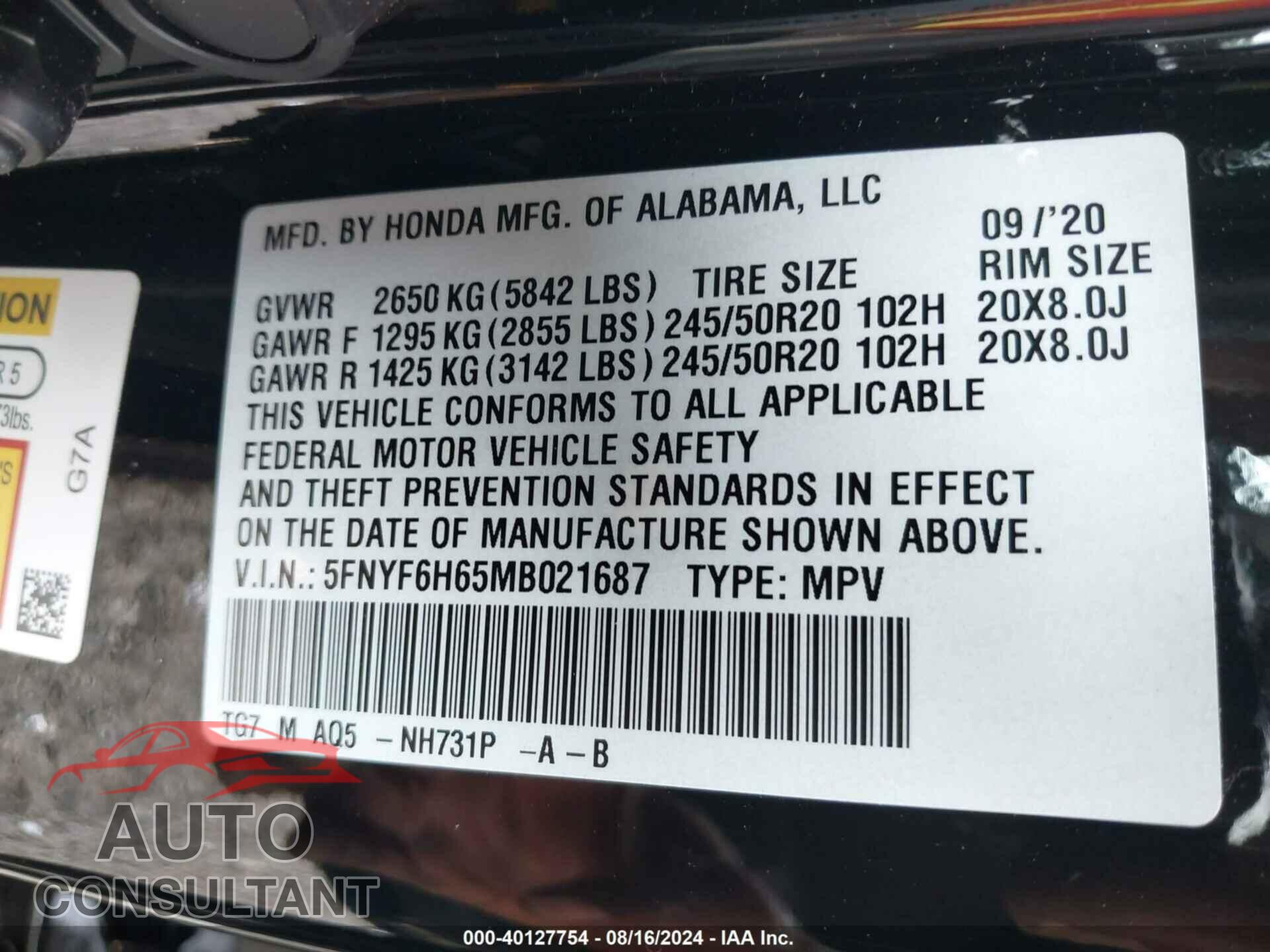 HONDA PILOT 2021 - 5FNYF6H65MB021687