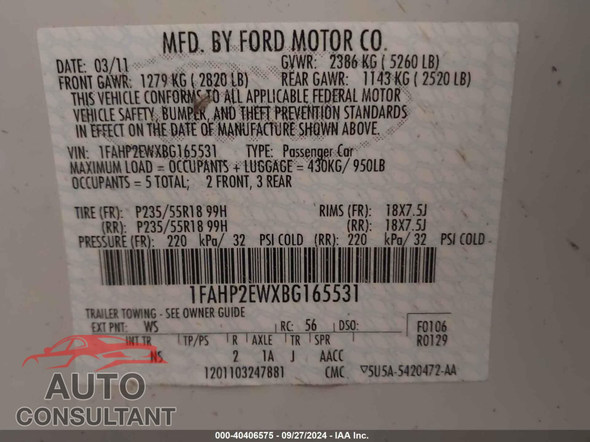 FORD TAURUS 2011 - 1FAHP2EWXBG165531