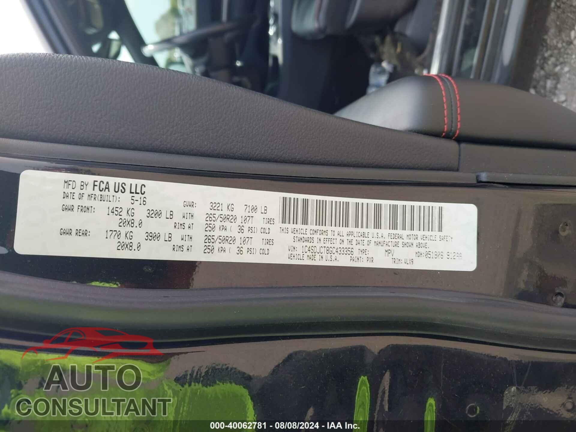 DODGE DURANGO 2016 - 1C4SDJCT8GC433356