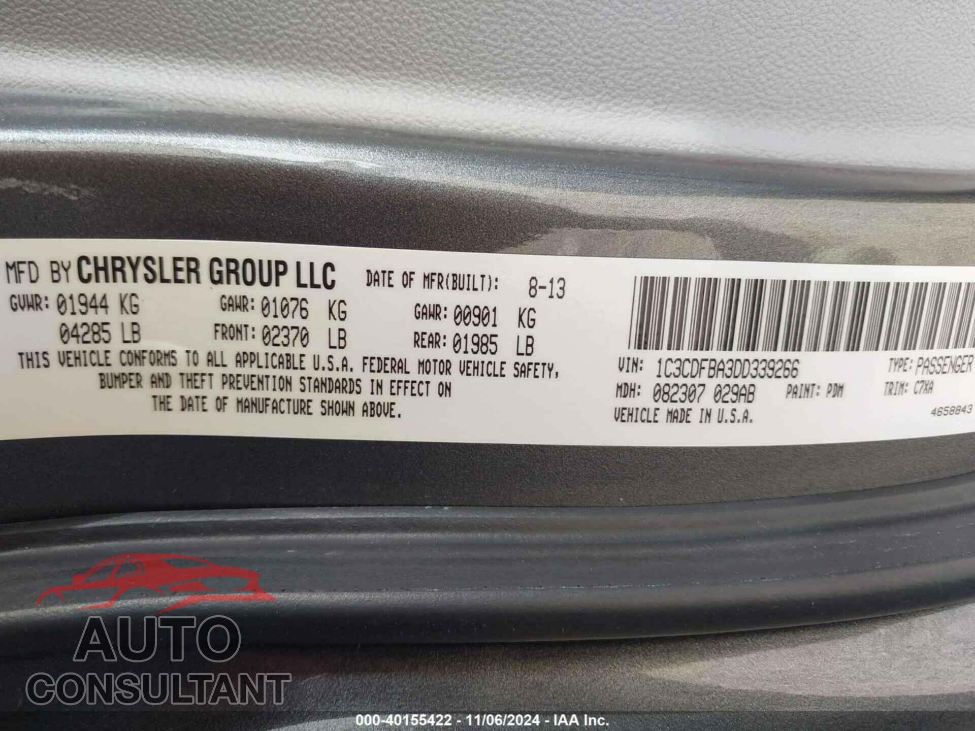 DODGE DART 2013 - 1C3CDFBA3DD339266