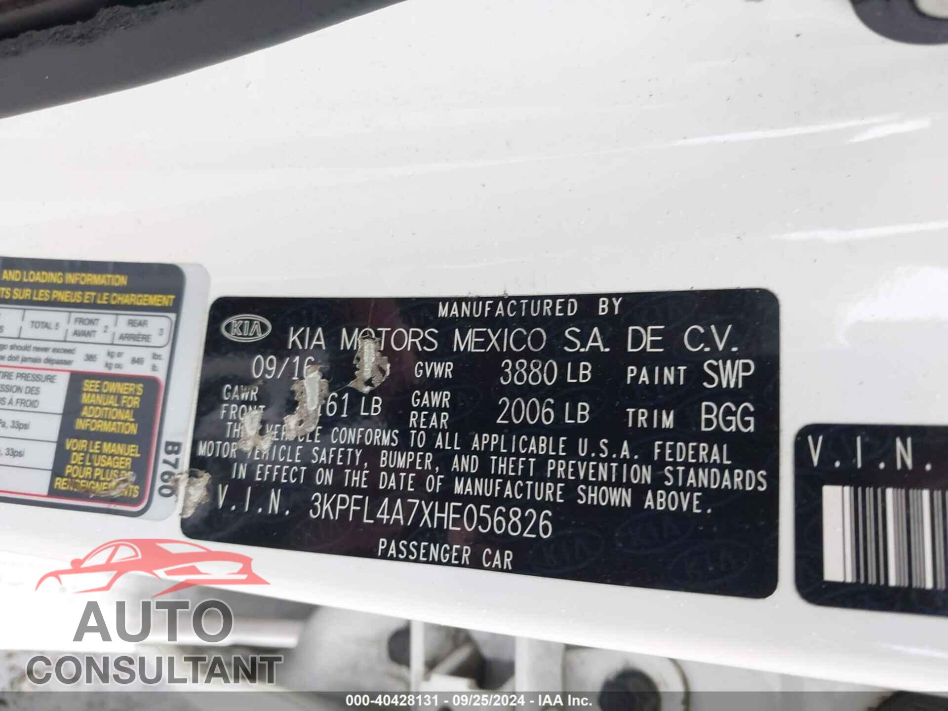 KIA FORTE 2017 - 3KPFL4A7XHE056826