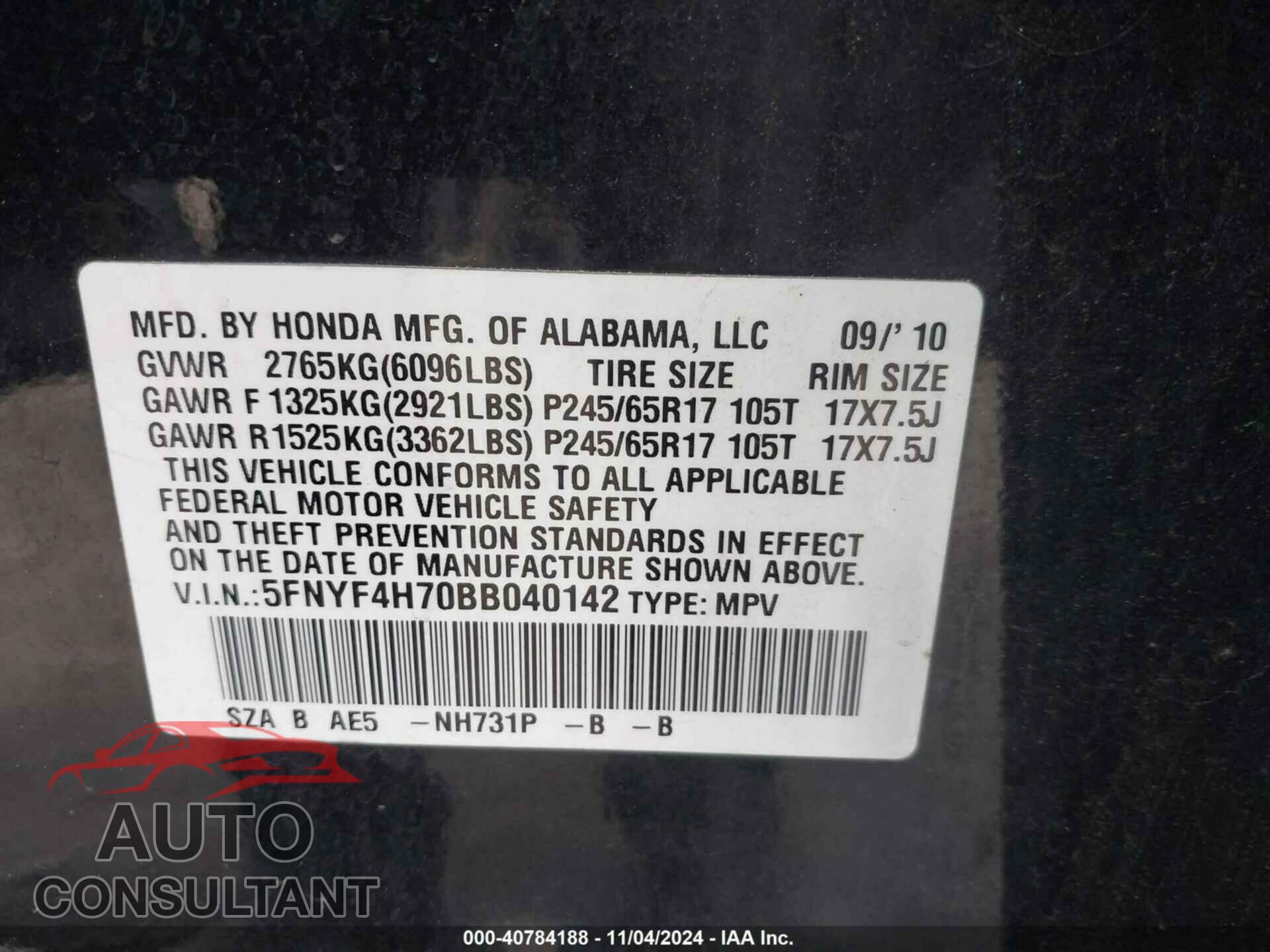 HONDA PILOT 2011 - 5FNYF4H70BB040142