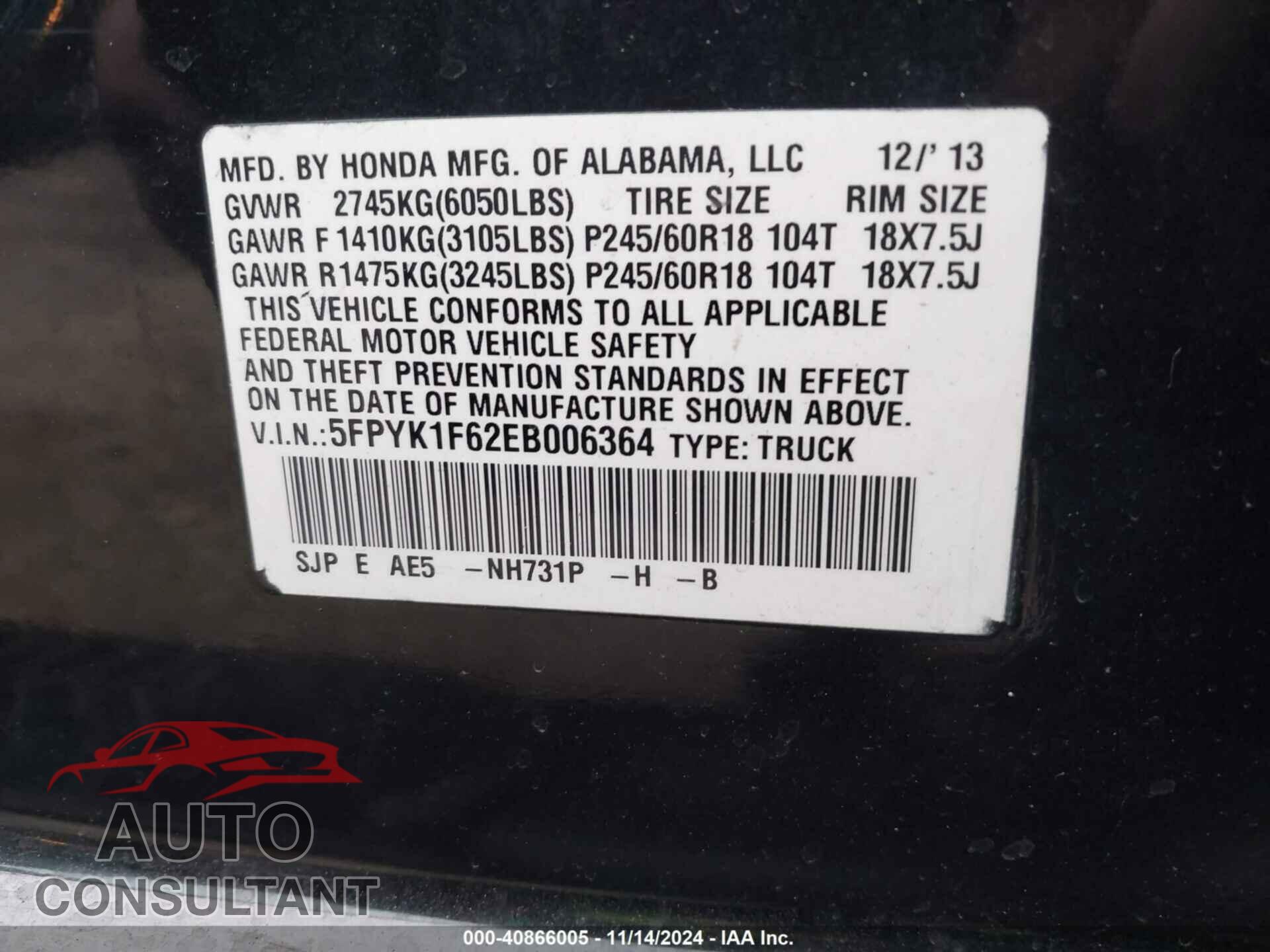 HONDA RIDGELINE 2014 - 5FPYK1F62EB006364