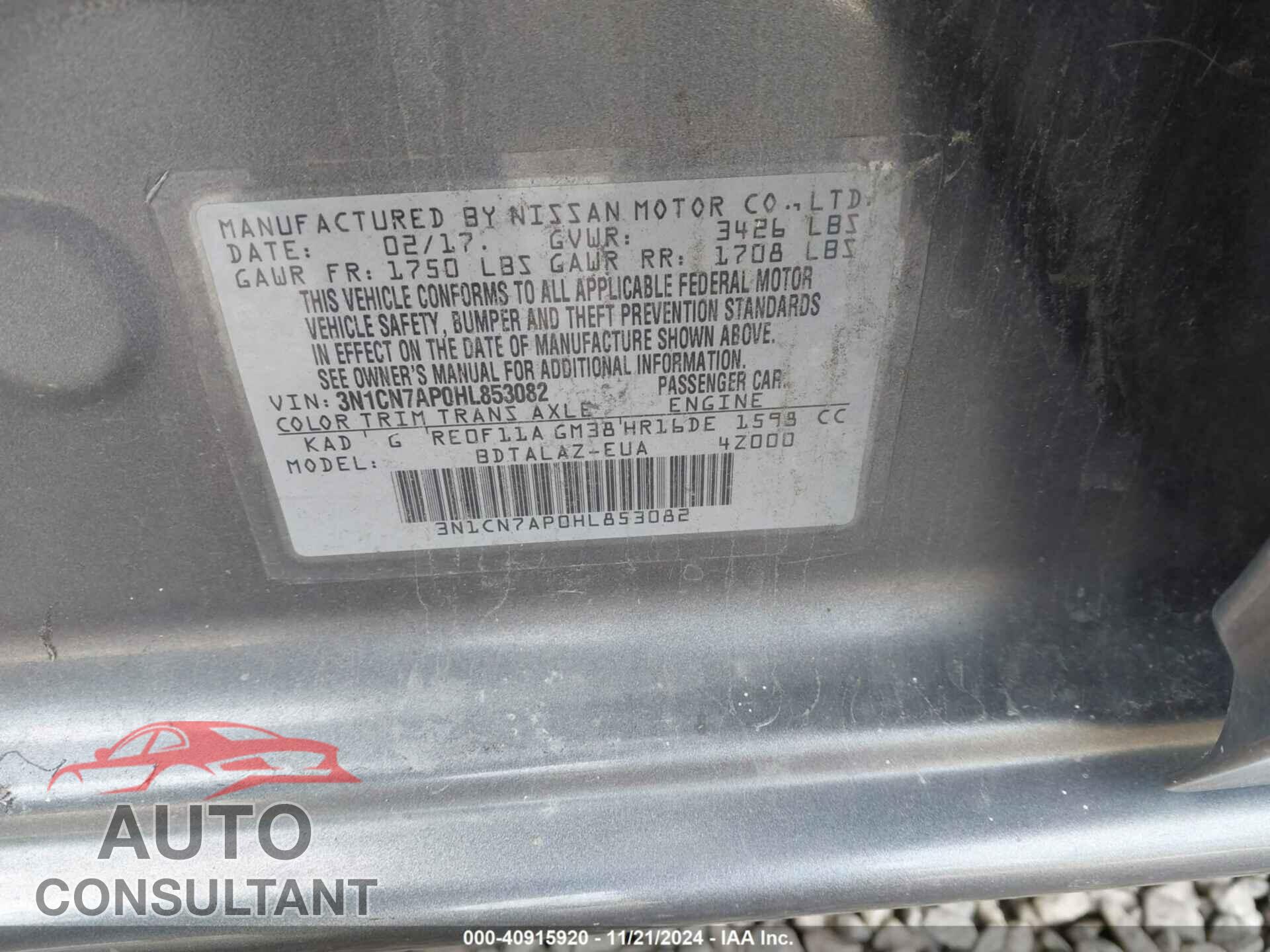 NISSAN VERSA 2017 - 3N1CN7AP0HL853082
