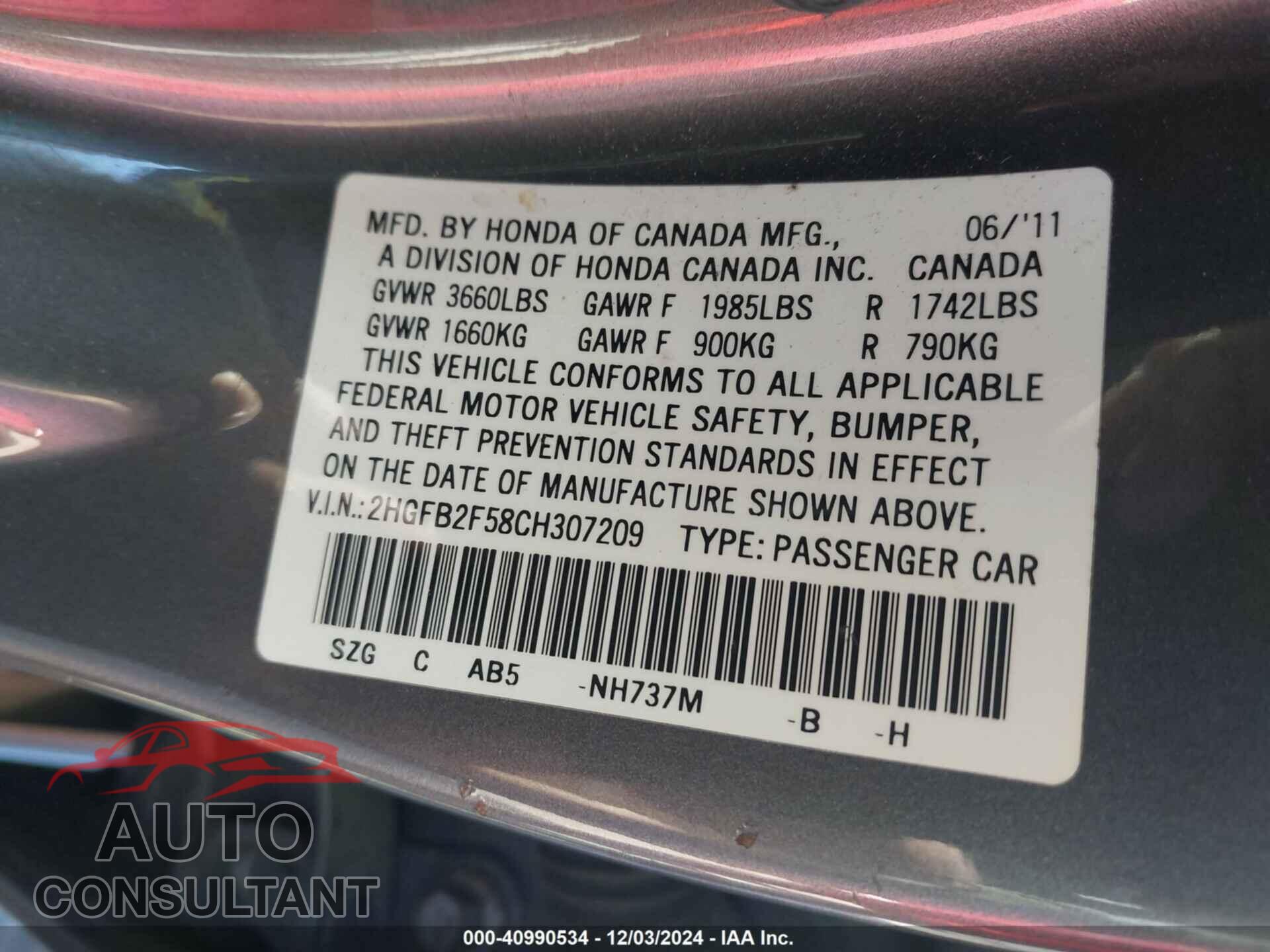 HONDA CIVIC 2012 - 2HGFB2F58CH307209
