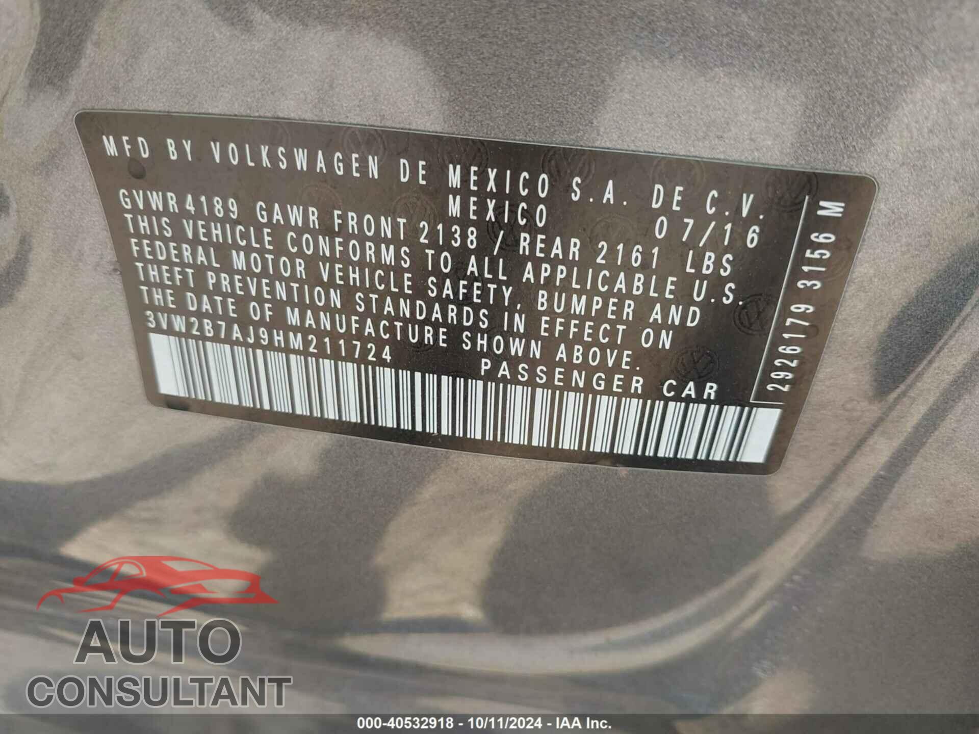 VOLKSWAGEN JETTA 2017 - 3VW2B7AJ9HM211724
