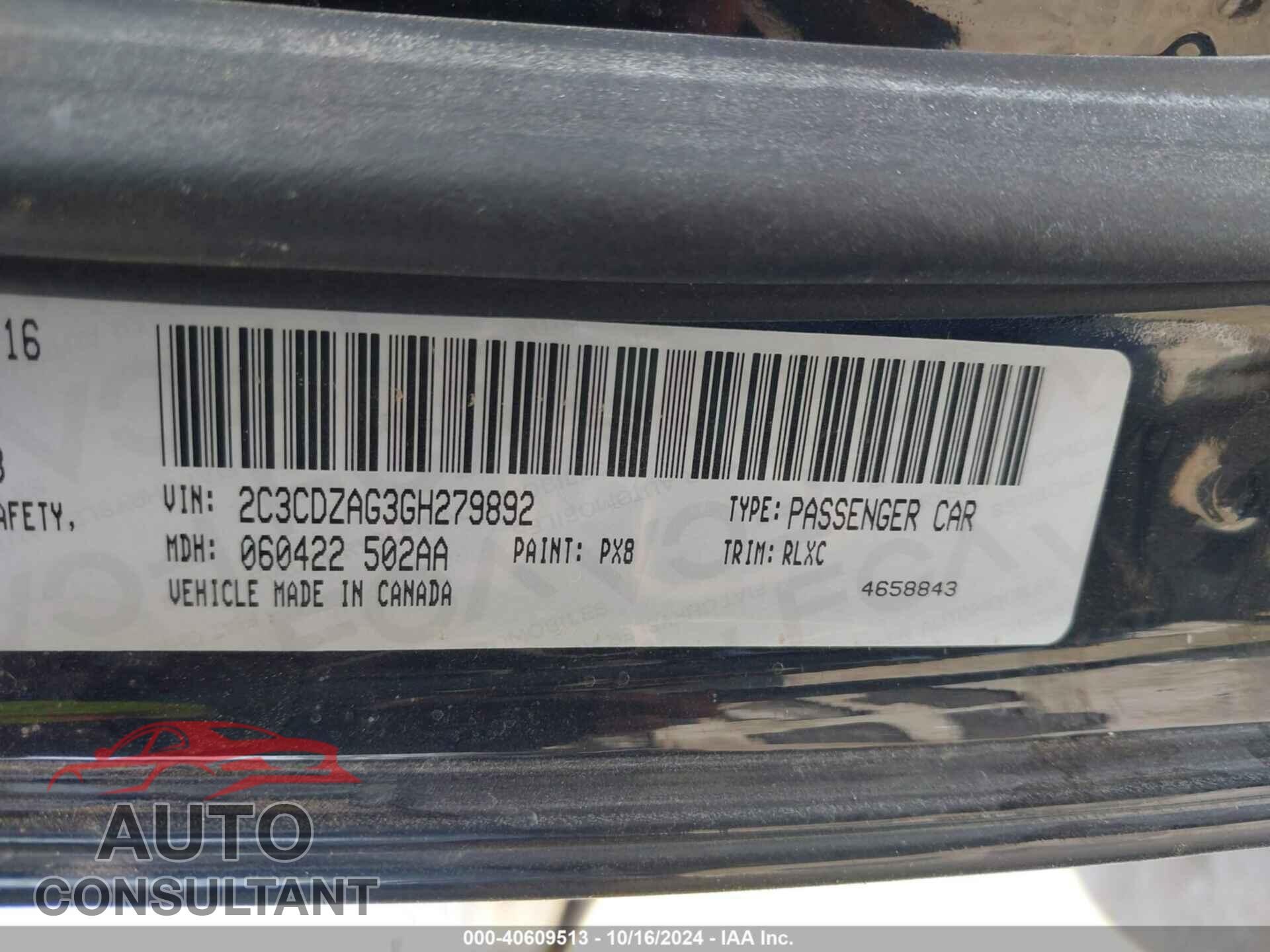 DODGE CHALLENGER 2016 - 2C3CDZAG3GH279892