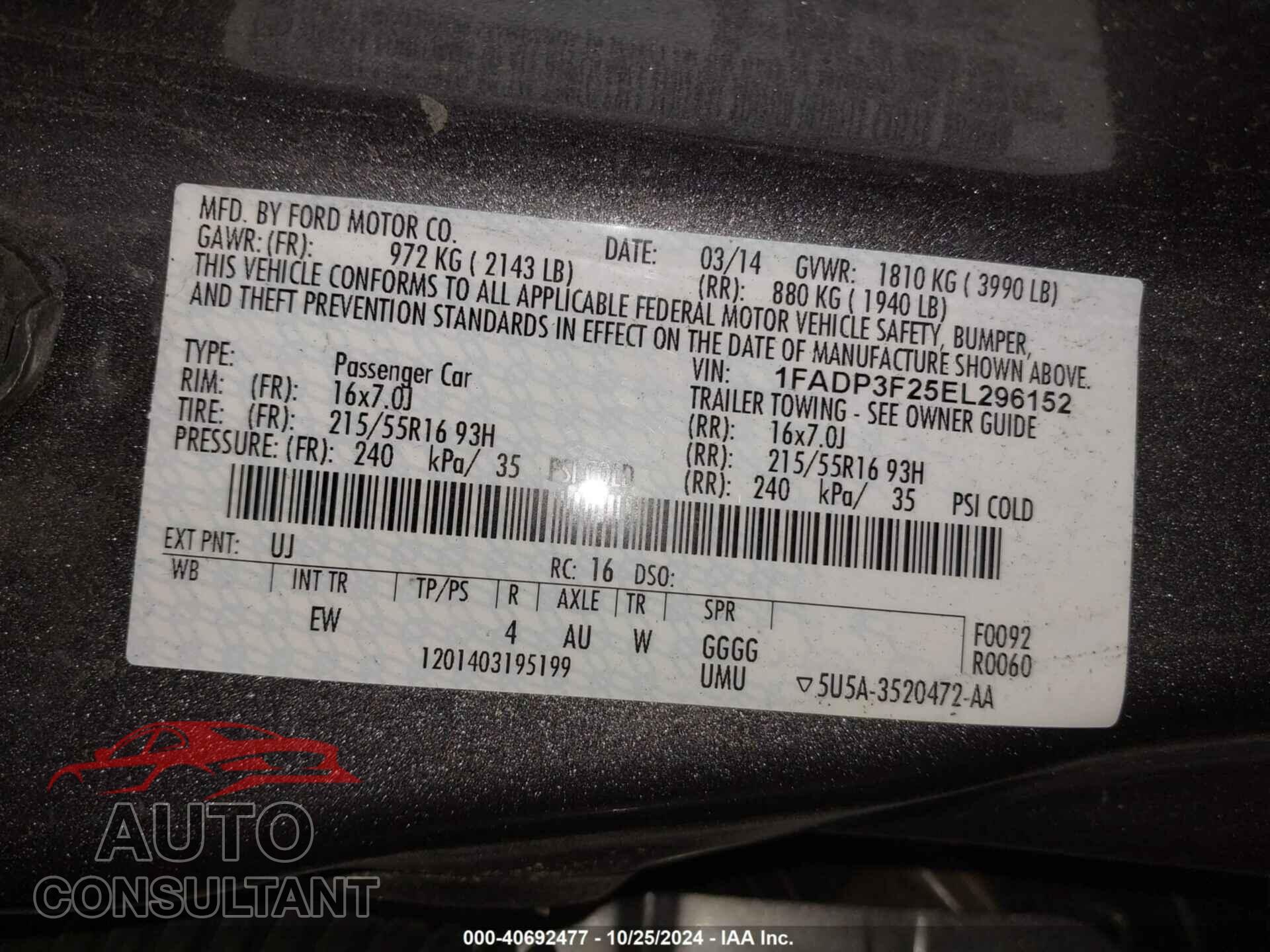 FORD FOCUS 2014 - 1FADP3F25EL296152