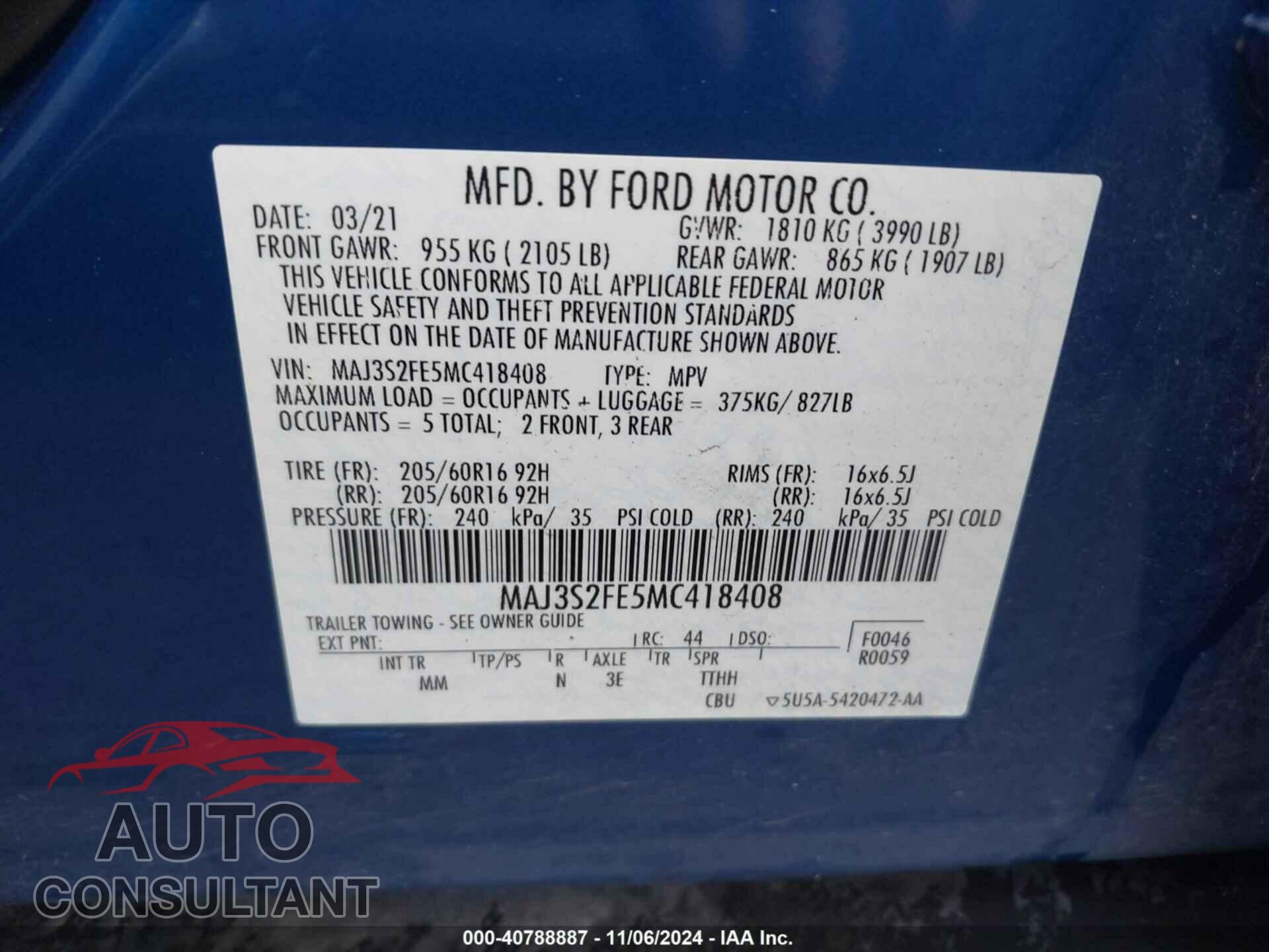 FORD ECOSPORT 2021 - MAJ3S2FE5MC418408