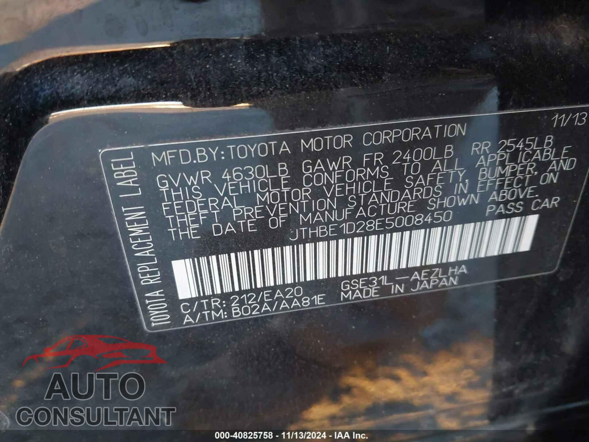 LEXUS IS 350 2014 - JTHBE1D28E5008450