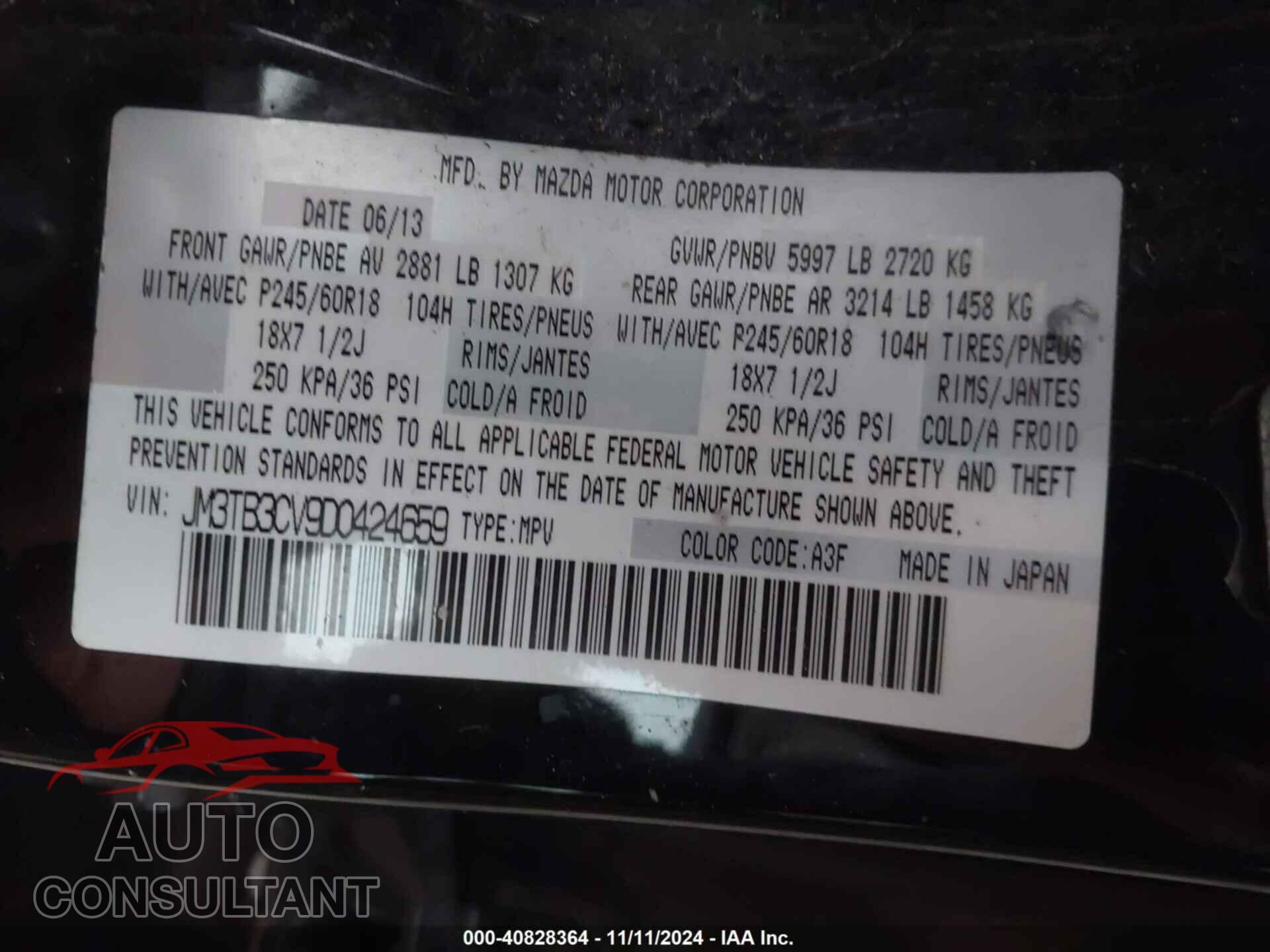 MAZDA CX-9 2013 - JM3TB3CV9D0424659