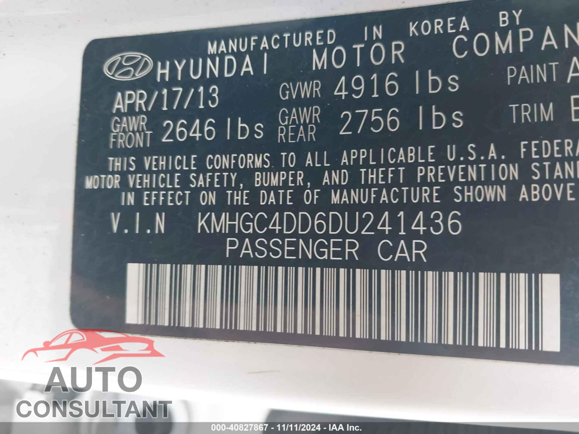HYUNDAI GENESIS 2013 - KMHGC4DD6DU241436
