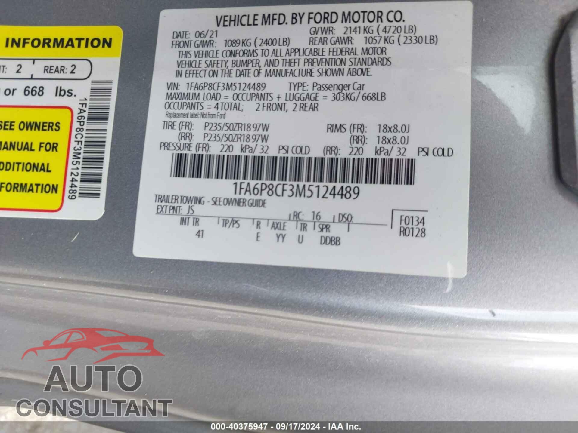 FORD MUSTANG 2021 - 1FA6P8CF3M5124489