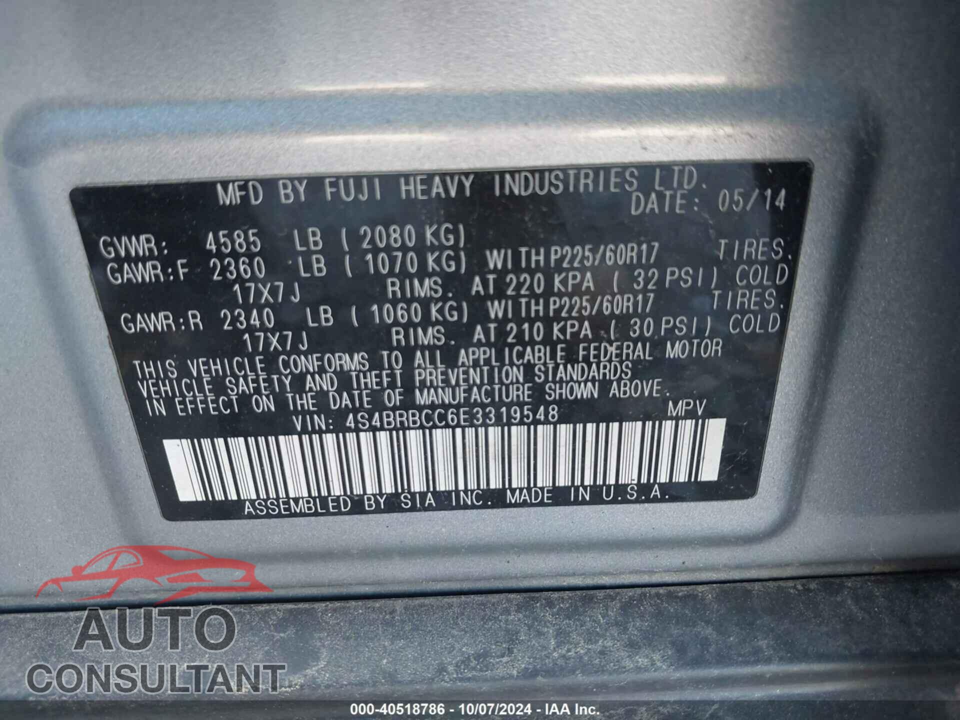 SUBARU OUTBACK 2014 - 4S4BRBCC6E3319548