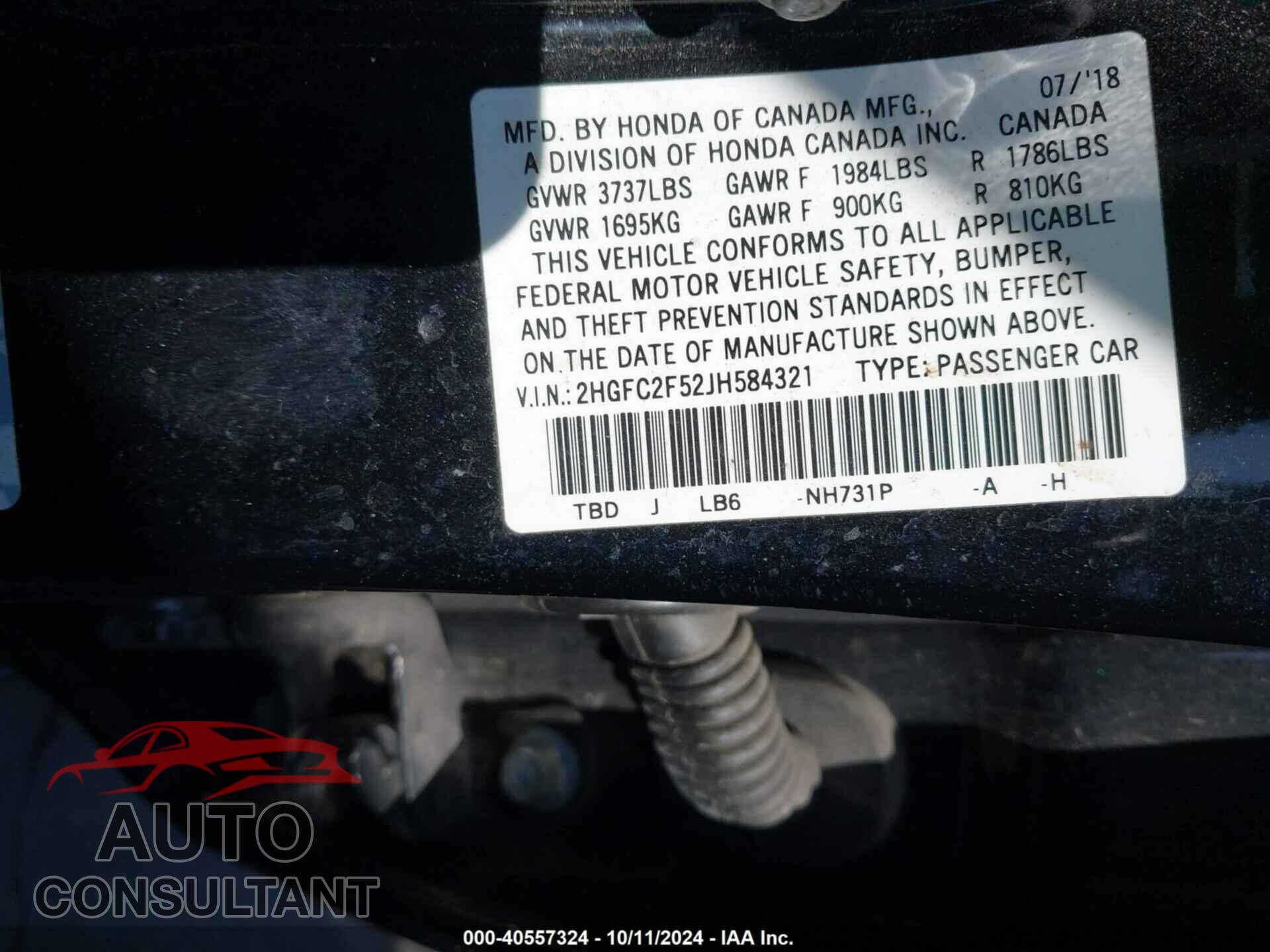 HONDA CIVIC 2018 - 2HGFC2F52JH584321