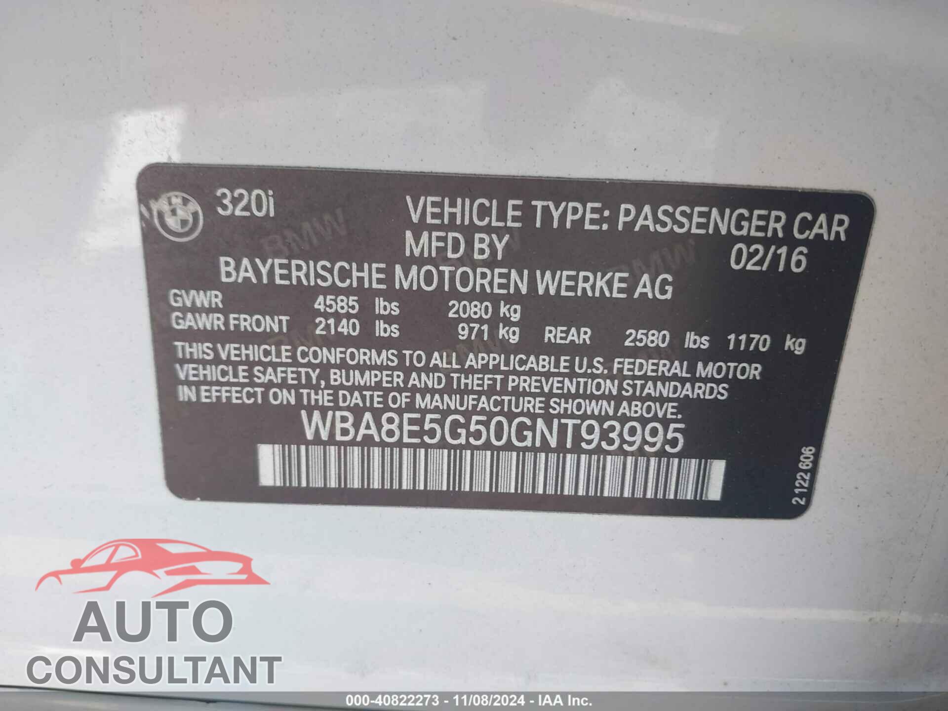 BMW 320I 2016 - WBA8E5G50GNT93995