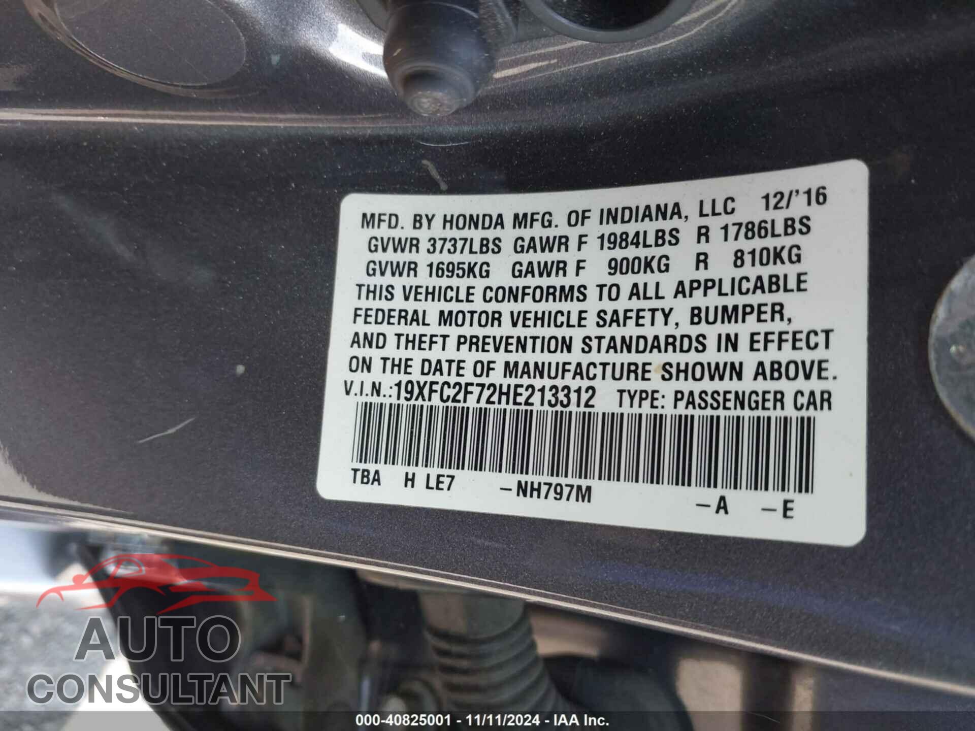 HONDA CIVIC 2017 - 19XFC2F72HE213312