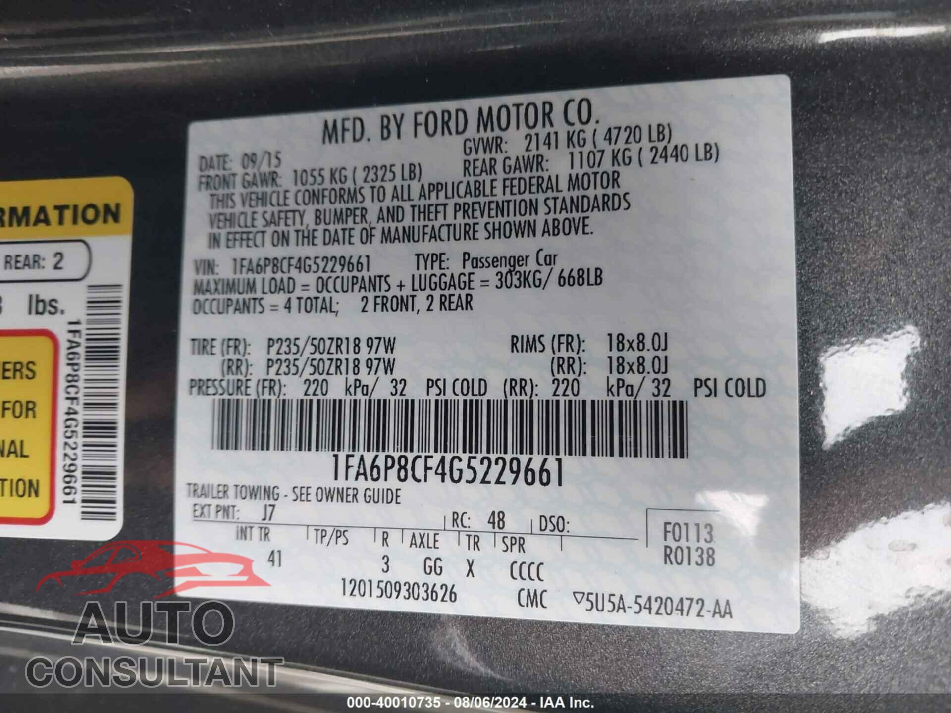 FORD MUSTANG 2016 - 1FA6P8CF4G5229661