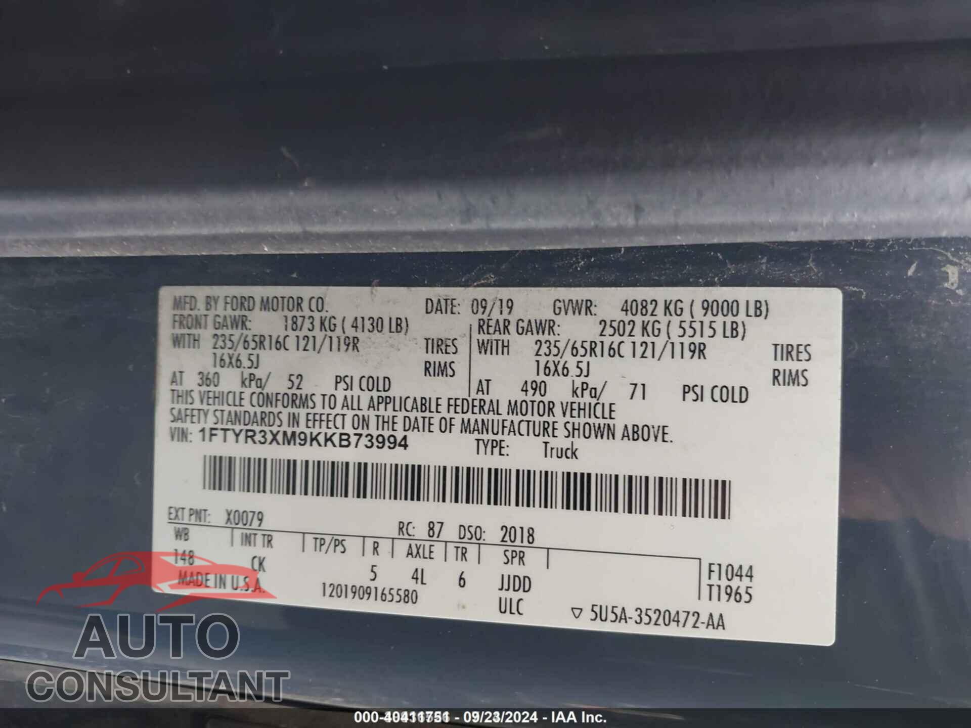 FORD TRANSIT-250 2019 - 1FTYR3XM9KKB73994