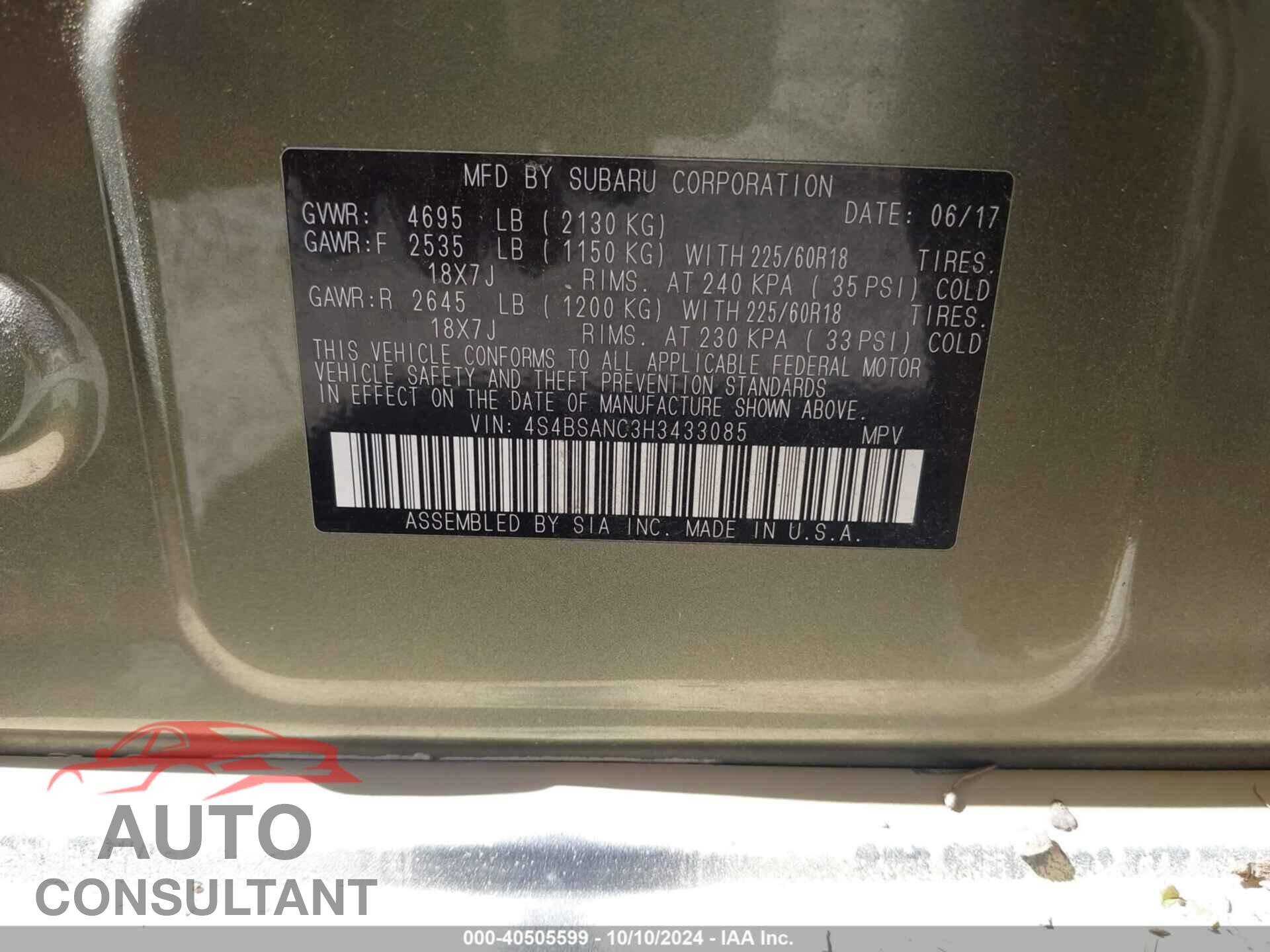 SUBARU OUTBACK 2017 - 4S4BSANC3H3433085