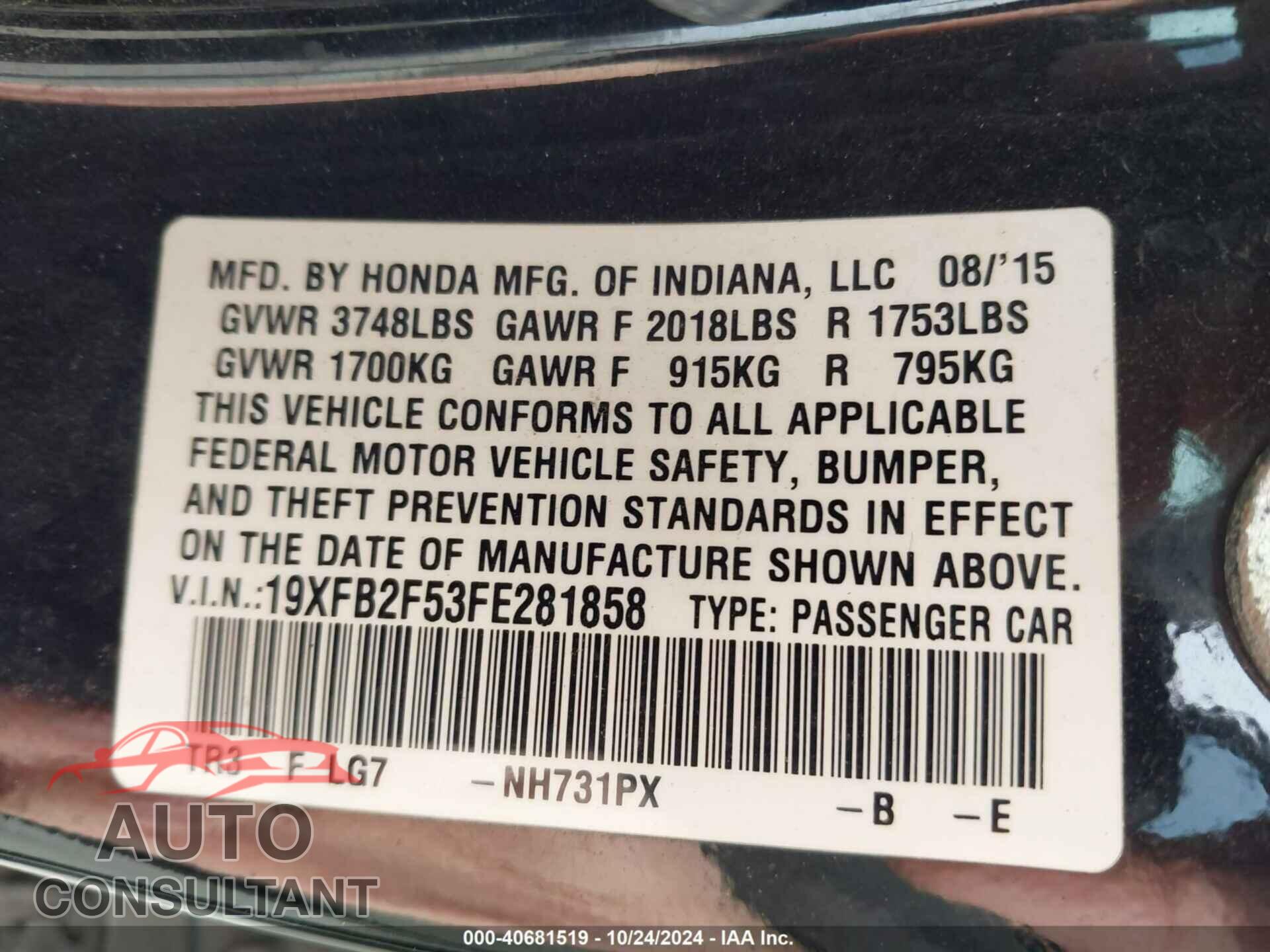 HONDA CIVIC 2015 - 19XFB2F53FE281858