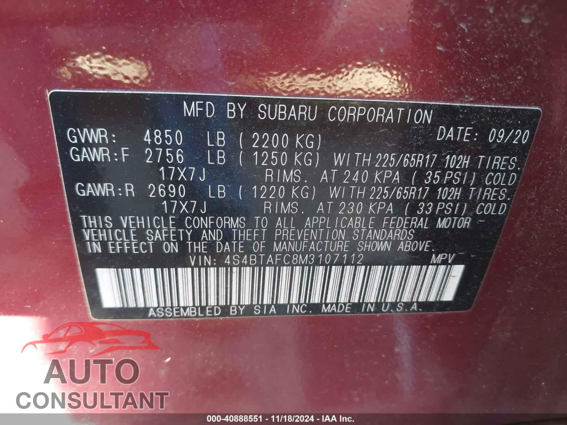 SUBARU OUTBACK 2021 - 4S4BTAFC8M3107112