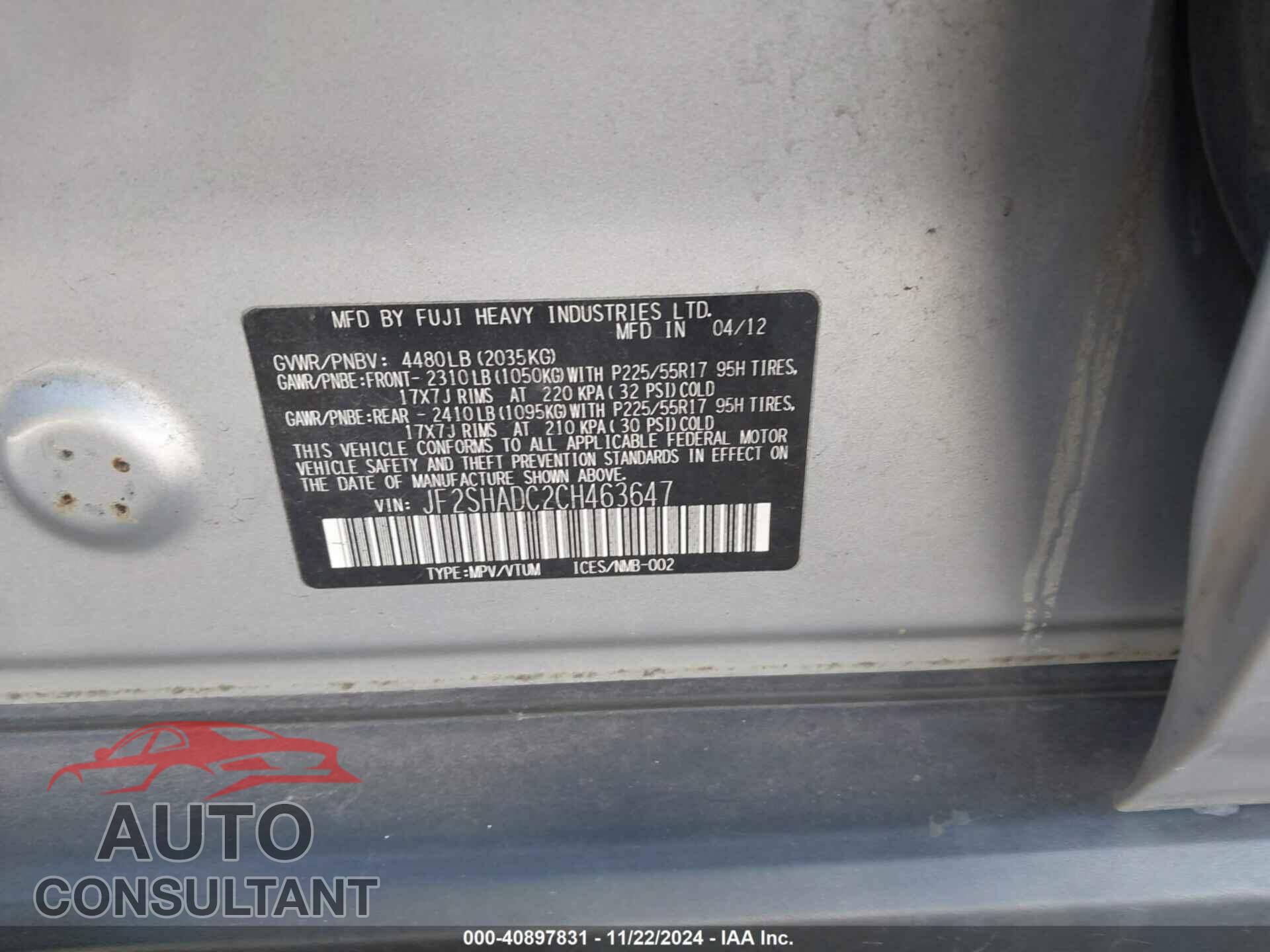 SUBARU FORESTER 2012 - JF2SHADC2CH463647