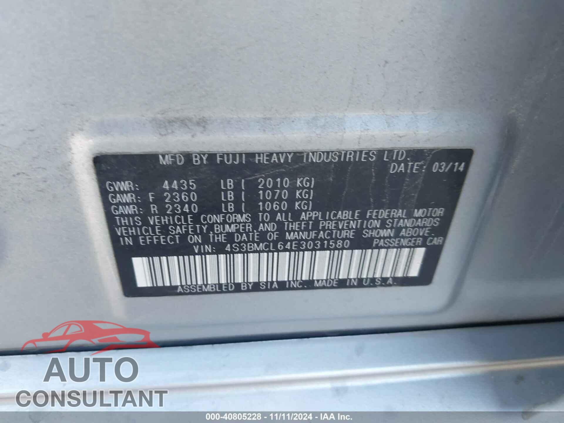 SUBARU LEGACY 2014 - 4S3BMCL64E3031580
