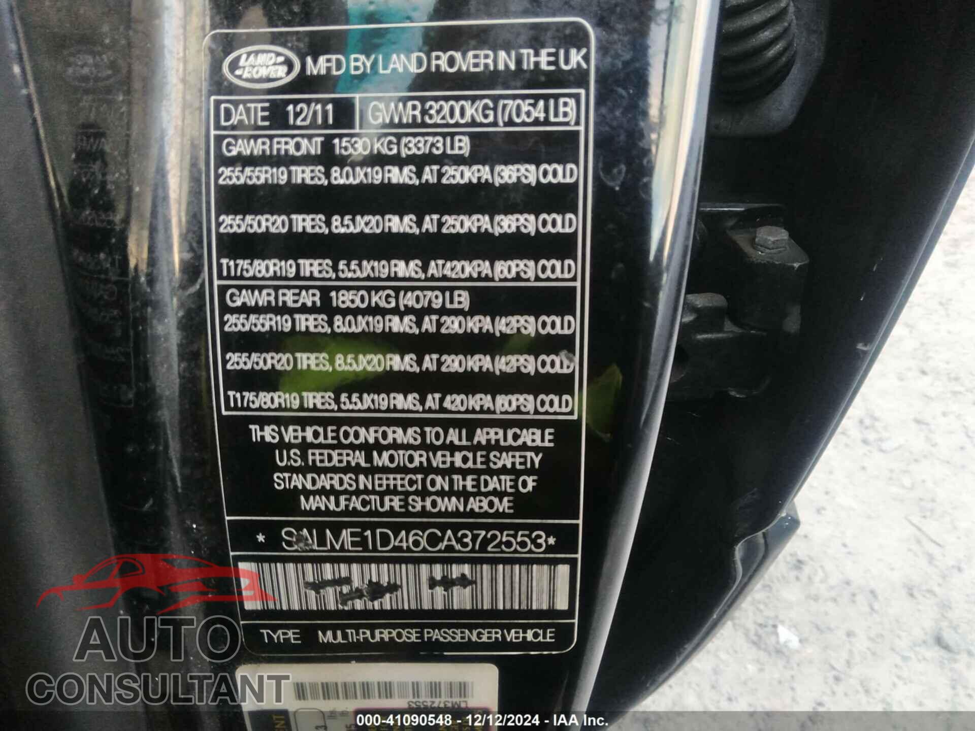 LAND ROVER RANGE ROVER 2012 - SALME1D46CA372553
