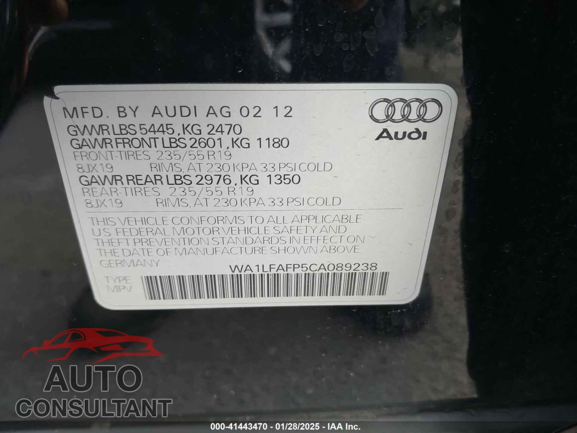 AUDI Q5 2012 - WA1LFAFP5CA089238
