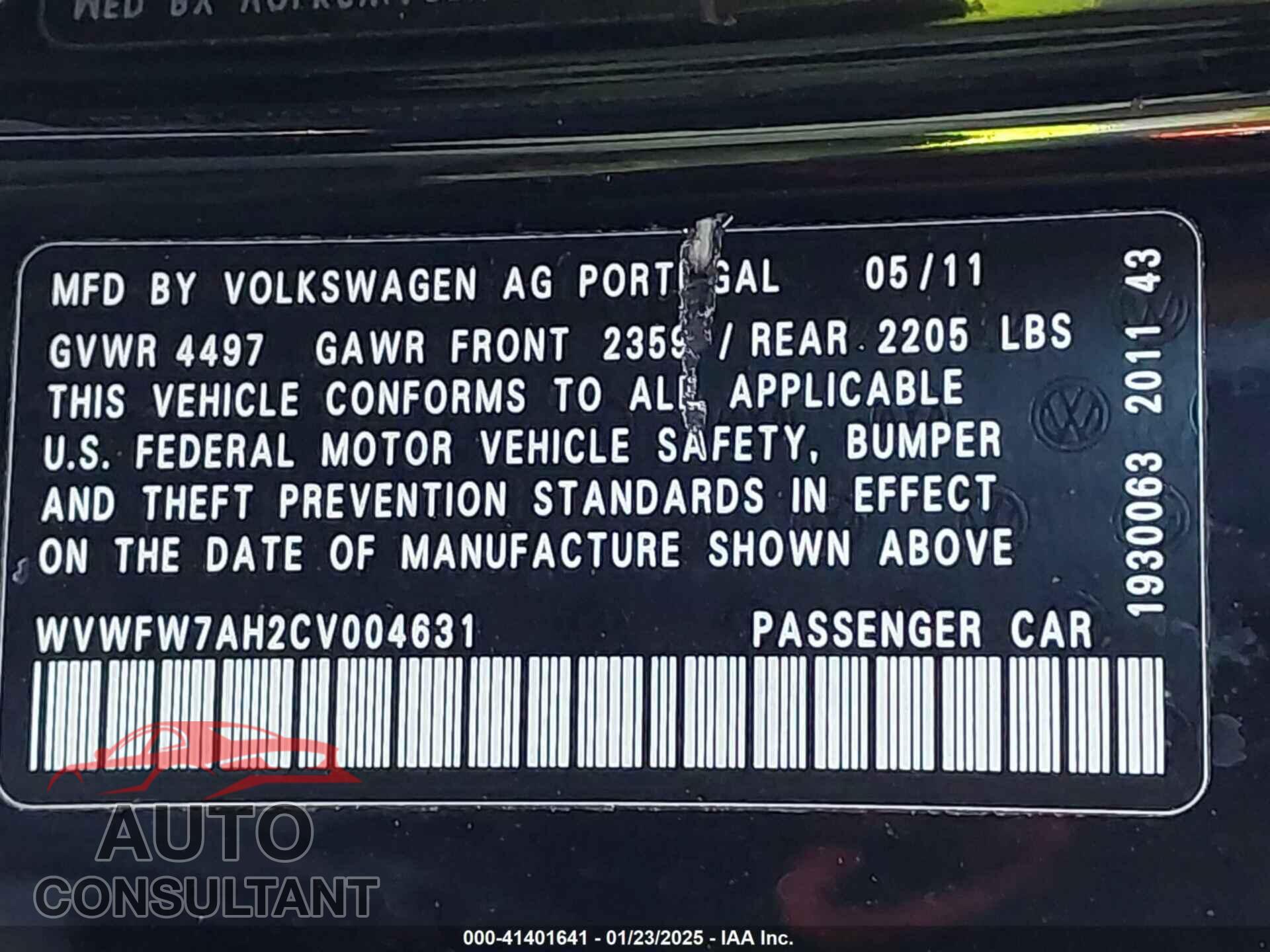 VOLKSWAGEN EOS 2012 - WVWFW7AH2CV004631
