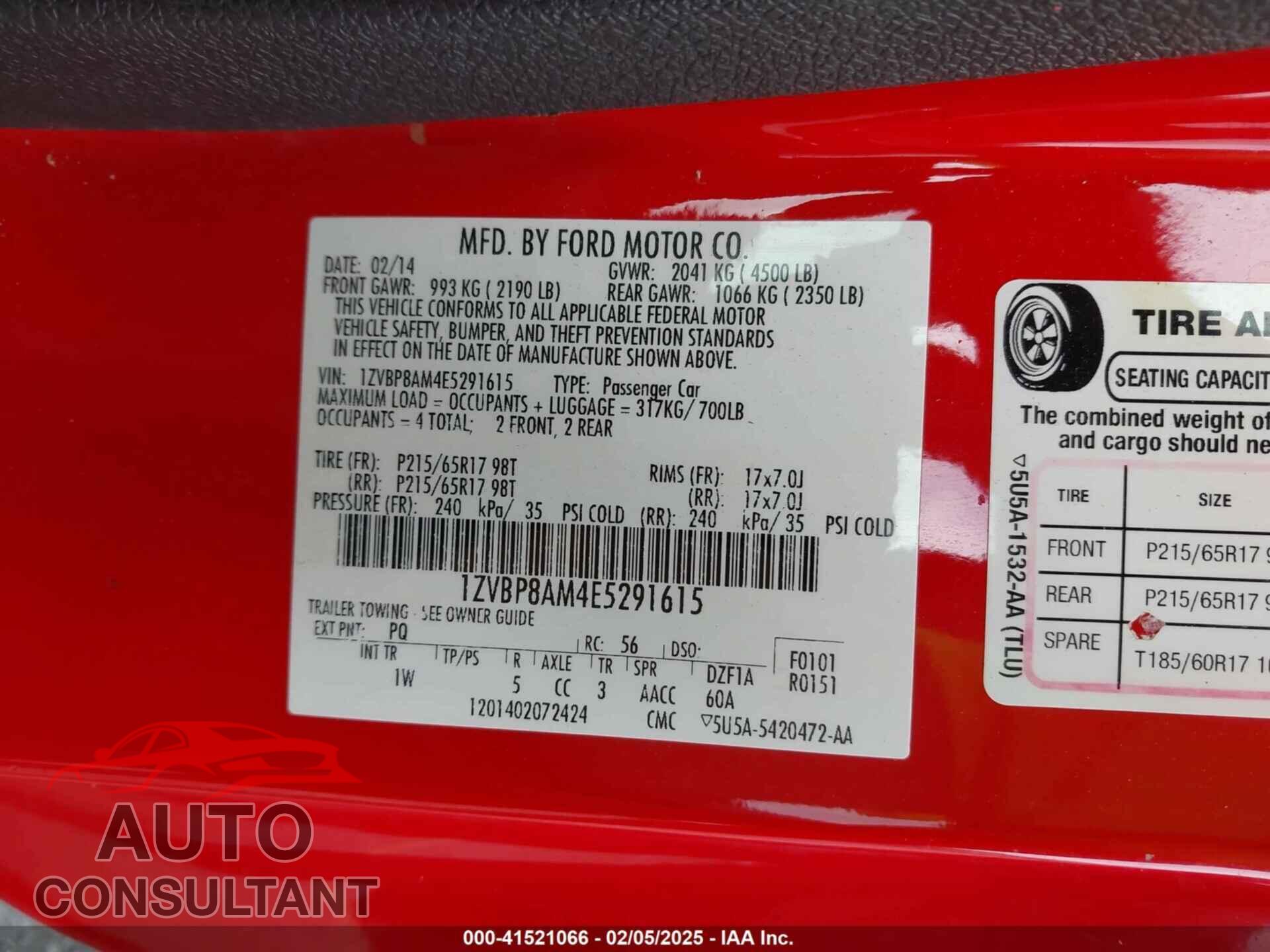 FORD MUSTANG 2014 - 1ZVBP8AM4E5291615