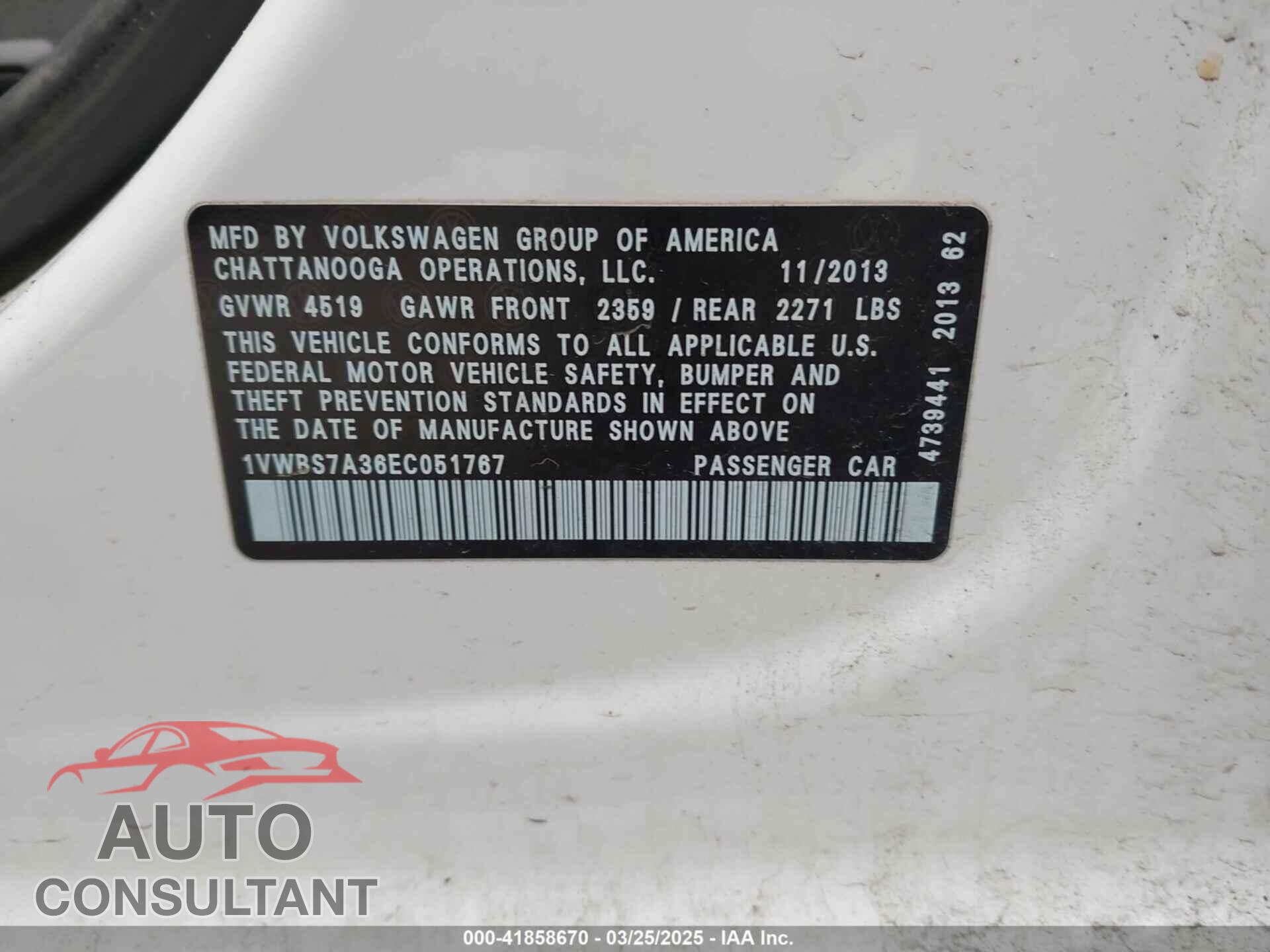 VOLKSWAGEN PASSAT 2014 - 1VWBS7A36EC051767