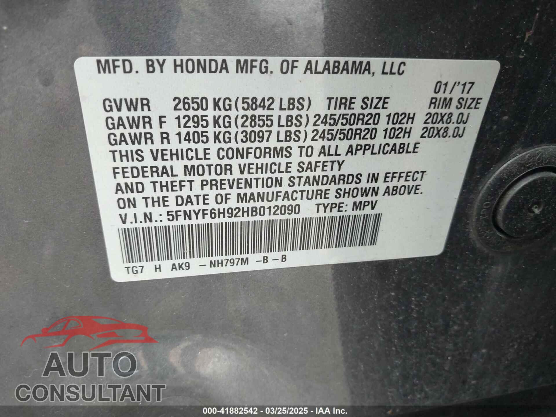 HONDA PILOT 2017 - 5FNYF6H92HB012090