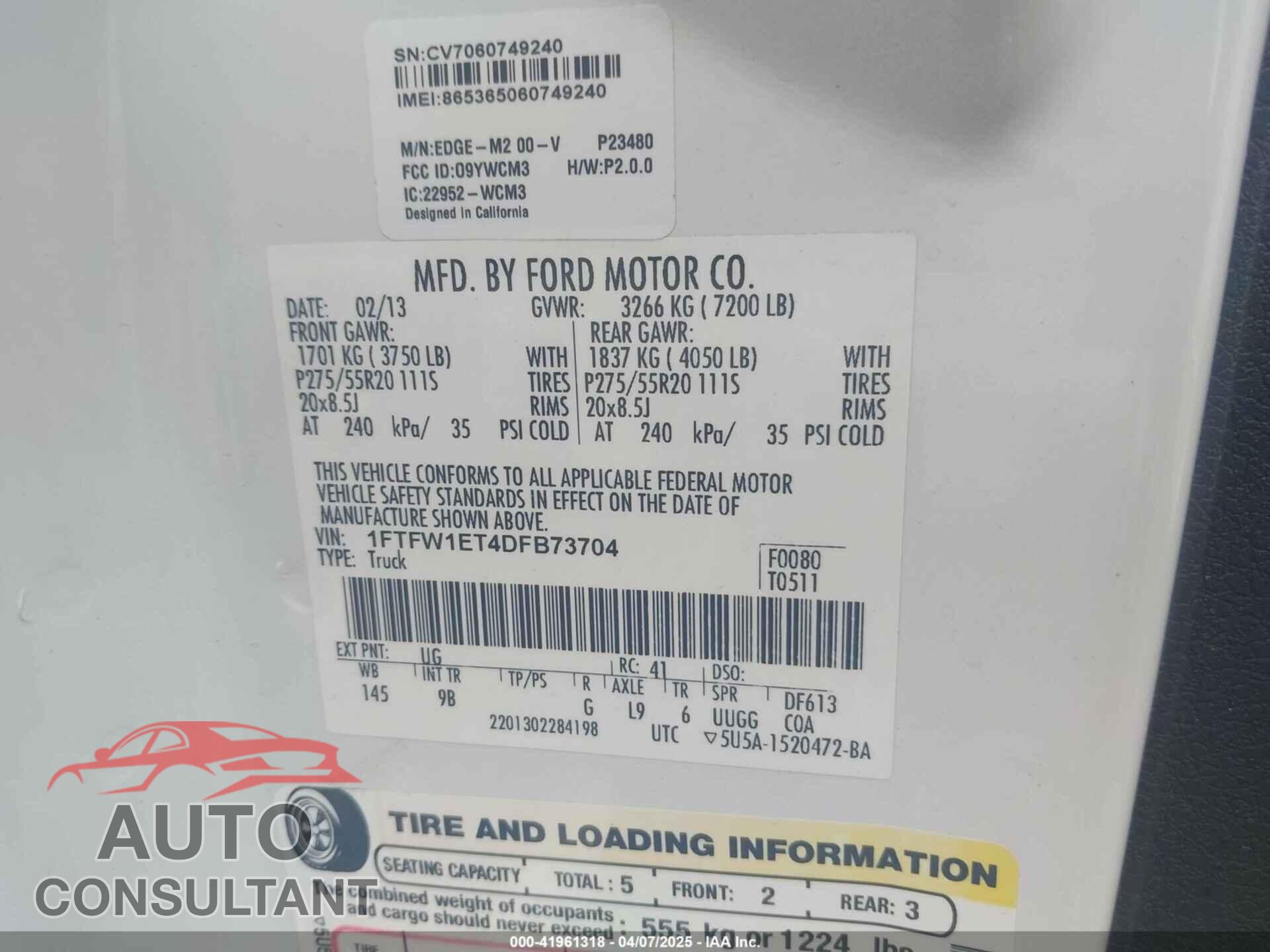FORD F-150 2013 - 1FTFW1ET4DFB73704