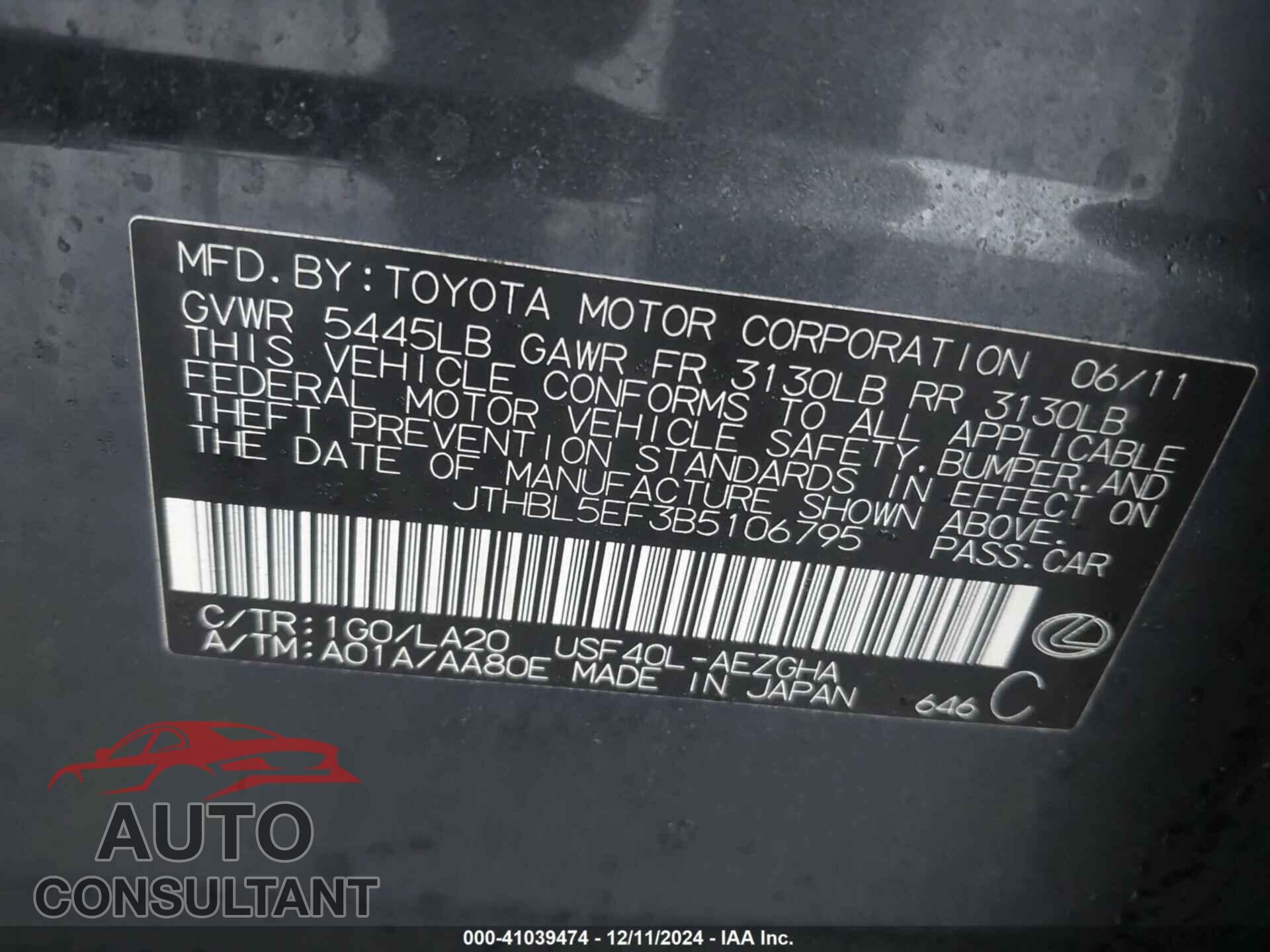 LEXUS LS 460 2011 - JTHBL5EF3B5106795