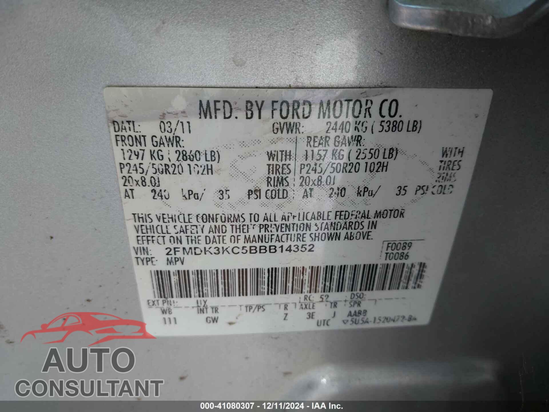 FORD EDGE 2011 - 2FMDK3KC5BBB14352