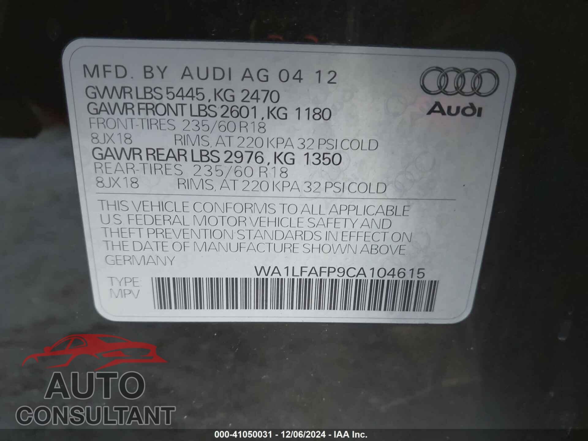 AUDI Q5 2012 - WA1LFAFP9CA104615
