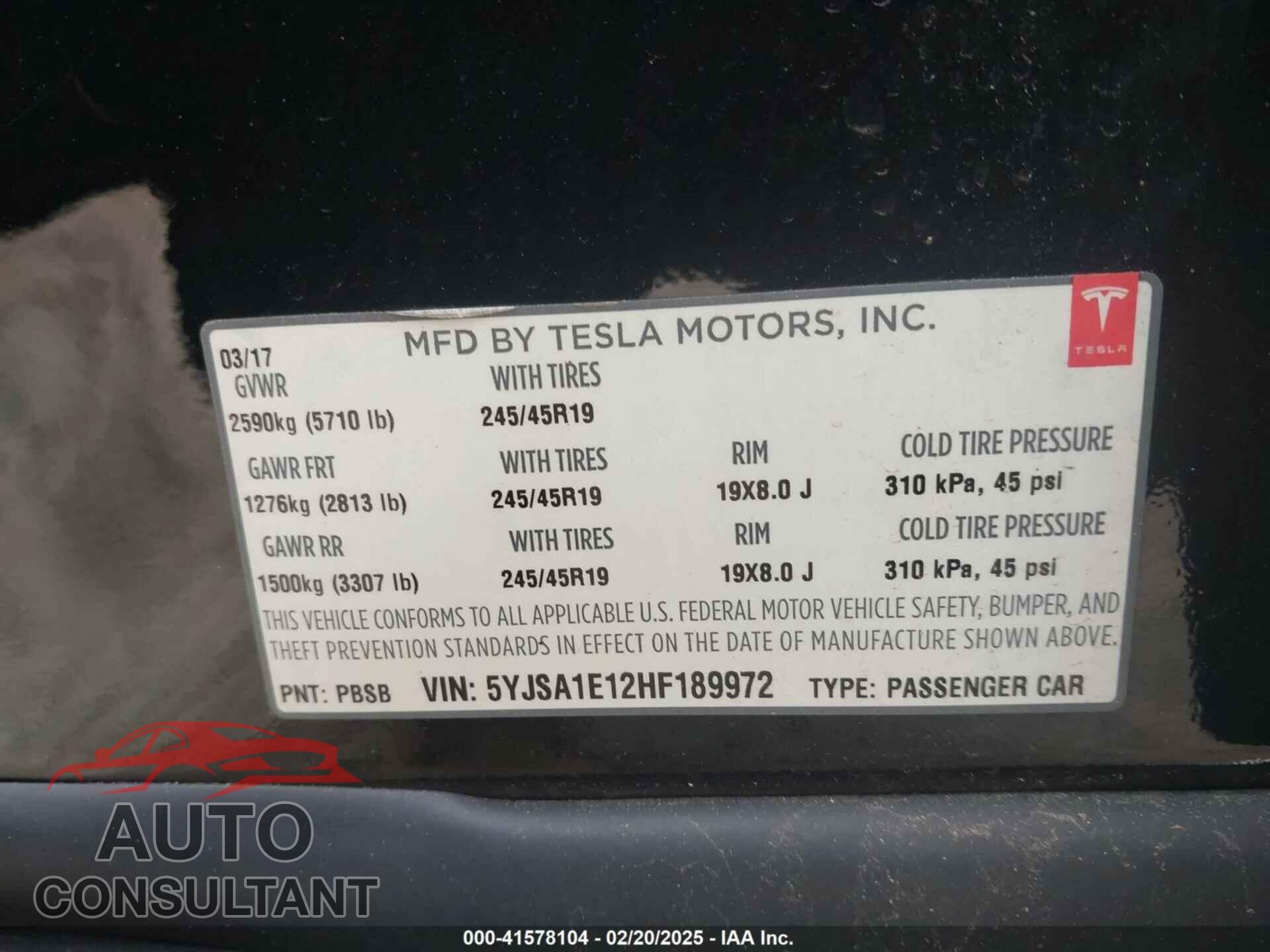 TESLA MODEL S 2017 - 5YJSA1E12HF189972