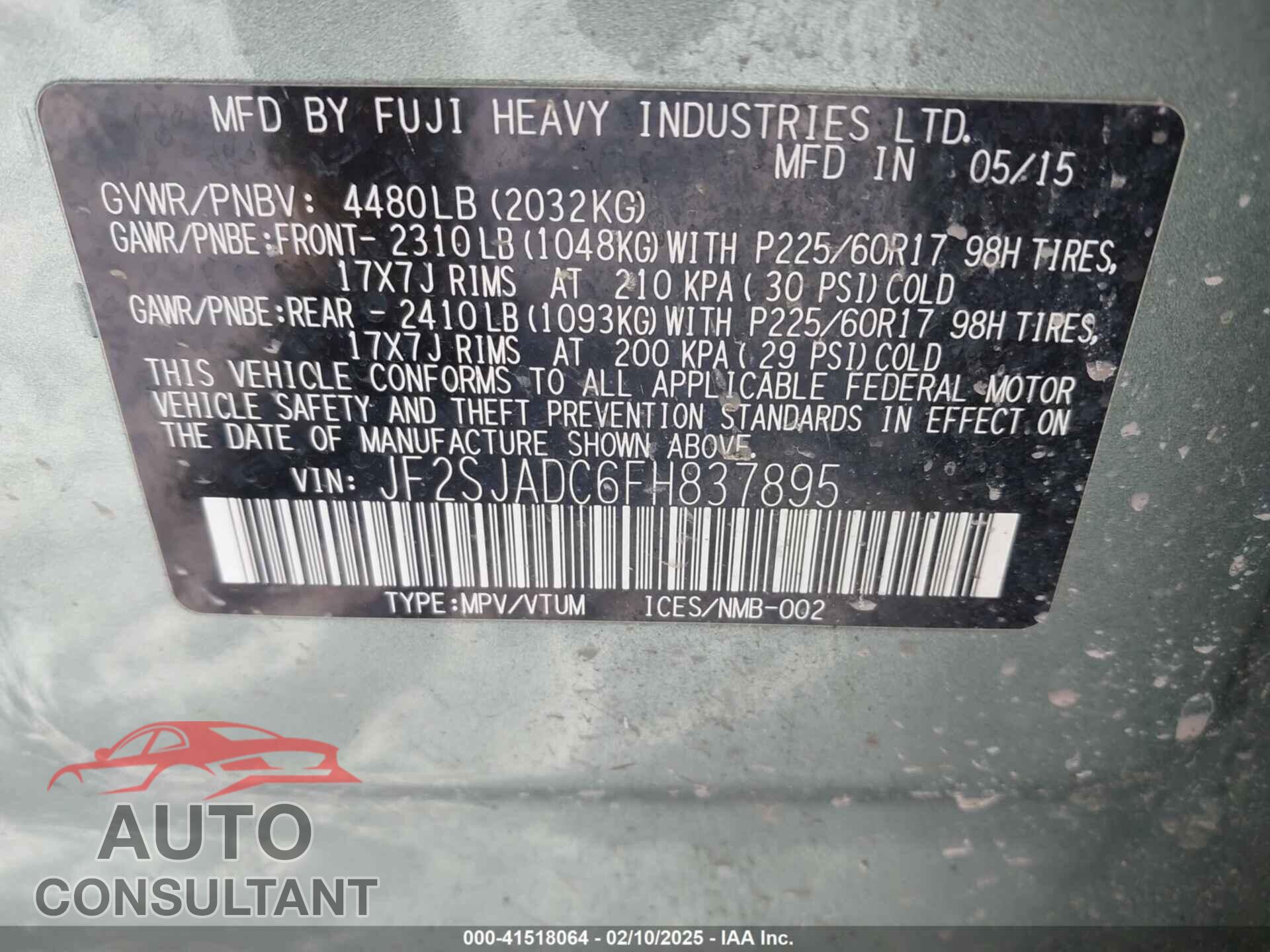 SUBARU FORESTER 2015 - JF2SJADC6FH837895